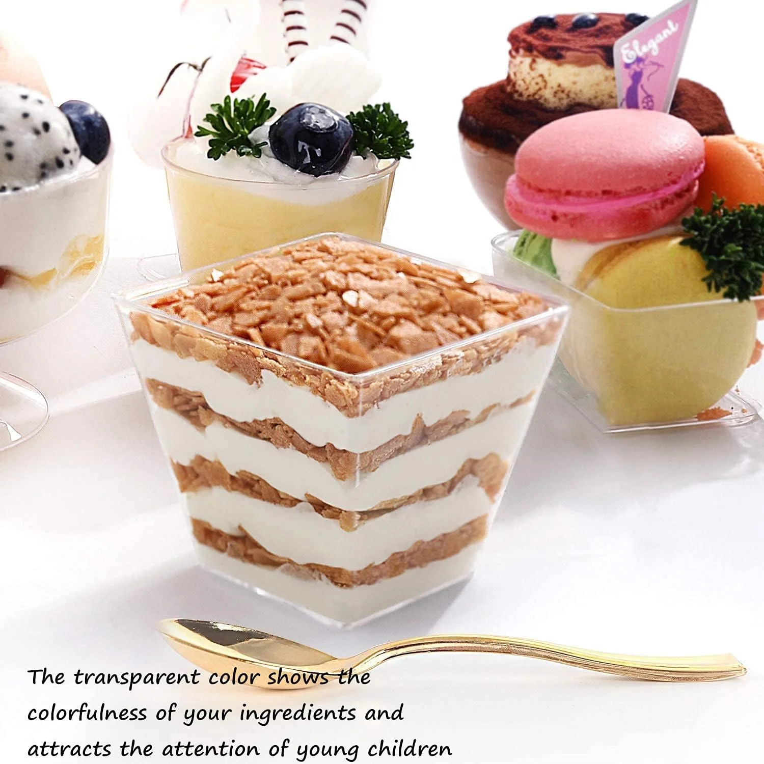 بسته 50 عددی مینی فنجان دسر، فنجان پیش غذای کوچک رستورانی قابل استفاده مجدد، کاسه دسر با قاشق برای خانه، مهمانی، هتل، ضیافت 2oz (50ml)