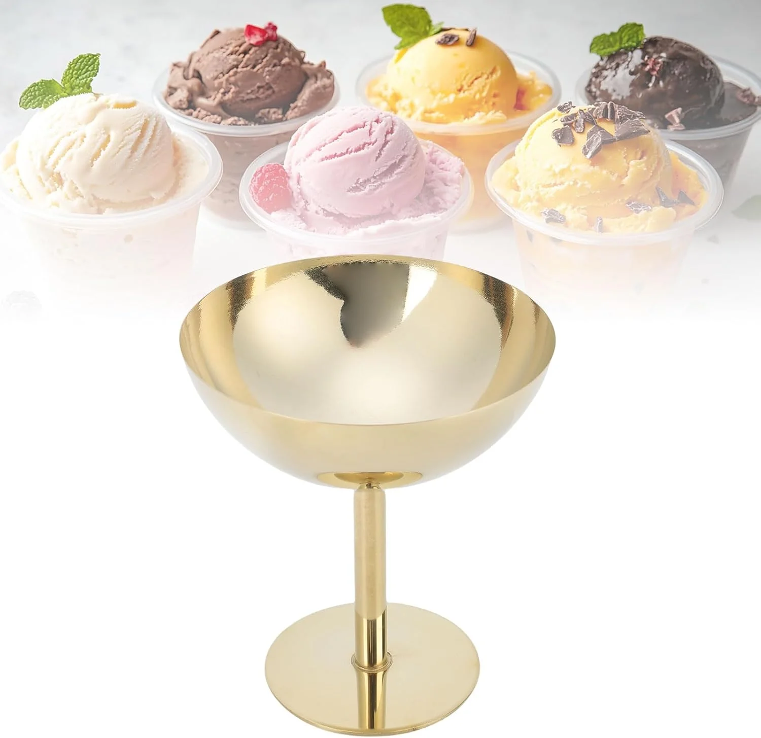 جام بستنی دپیسوتا، کاسه دسر پایه دار استیل، کاسه کوچک و گرد زیبا برای دسر، ماست، سالاد میوه، پودینگ، جشن تولد (طلایی) (بلند)