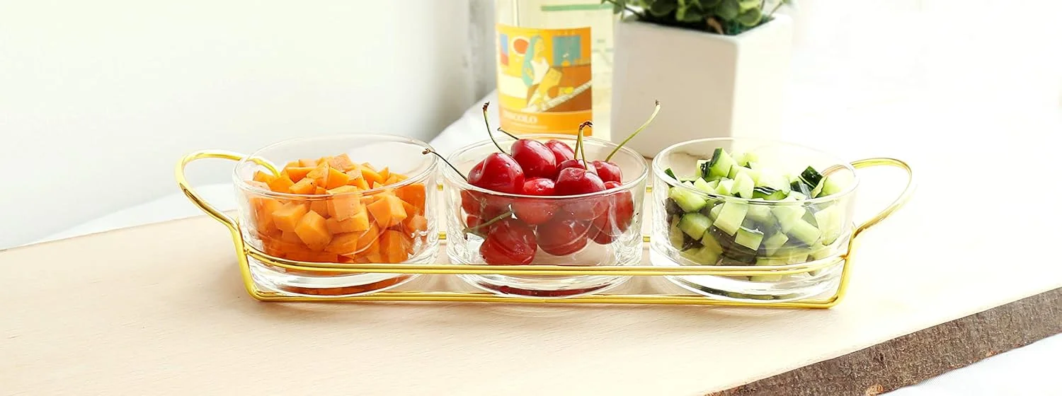 ست دسر خوری شیشه ای طلایی Cuisine Art با پایه فلزی شیک - مجموعه سرو 4 تکه لوازم مهمانی