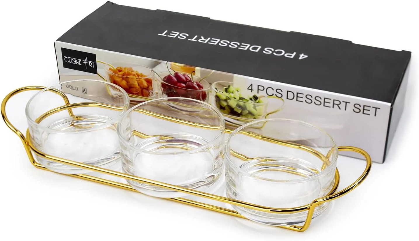 ست دسر خوری شیشه ای طلایی Cuisine Art با پایه فلزی شیک - مجموعه سرو 4 تکه لوازم مهمانی