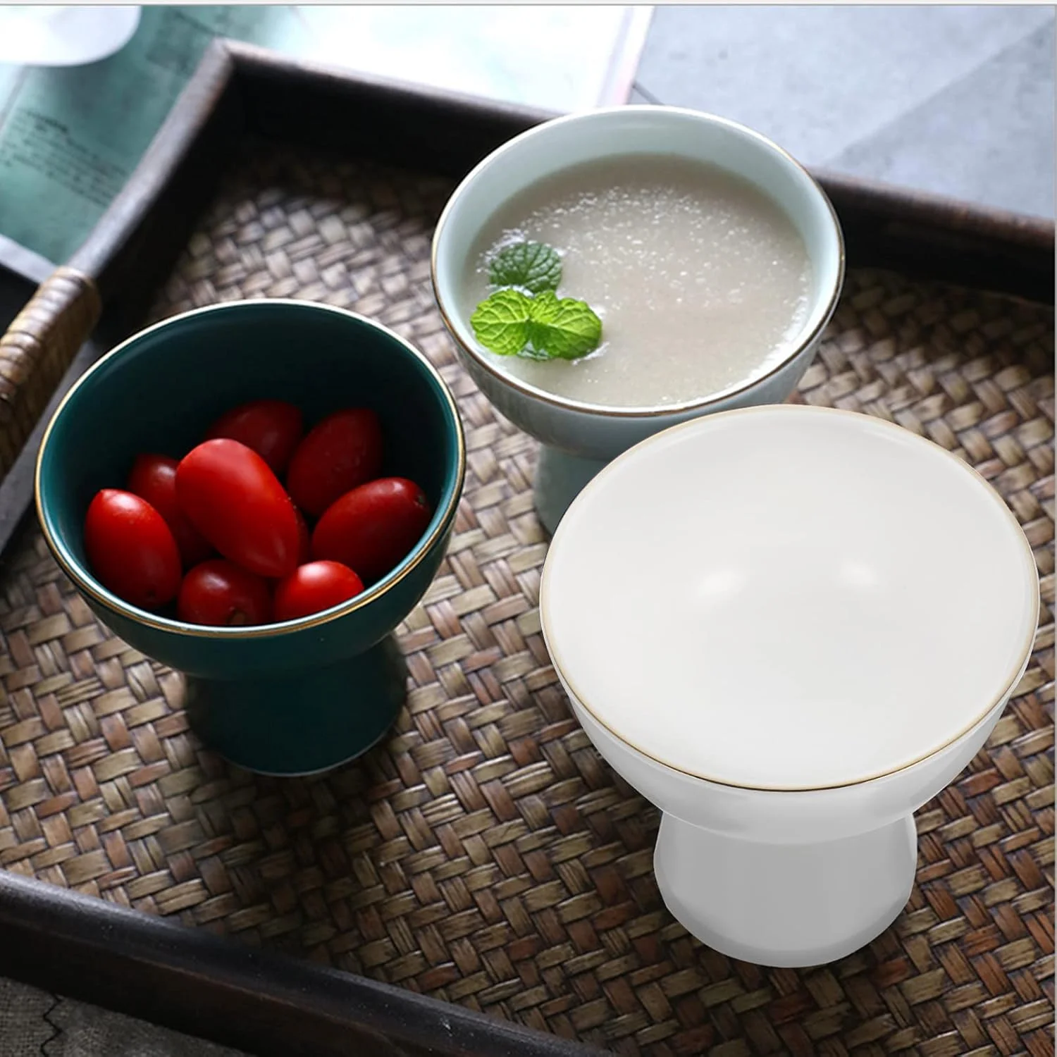 کاسه های دسر بستنی، فنجان های دسر سرامیکی، فنجان های سرو تست سه لایه پایه دار، کاسه میوه بستنی دسر ماست سفید