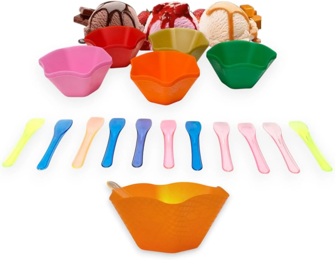 ست ظروف بستنی و قاشق مهمانی - 55 تکه کاسه و قاشق دسر یکبار مصرف بدون BPA برای بستنی، پودینگ، تنقلات - رنگارنگ، بادوام، تمیز کردن آسان - ایده آل برای جشن تولد کودکان و جشن ها.