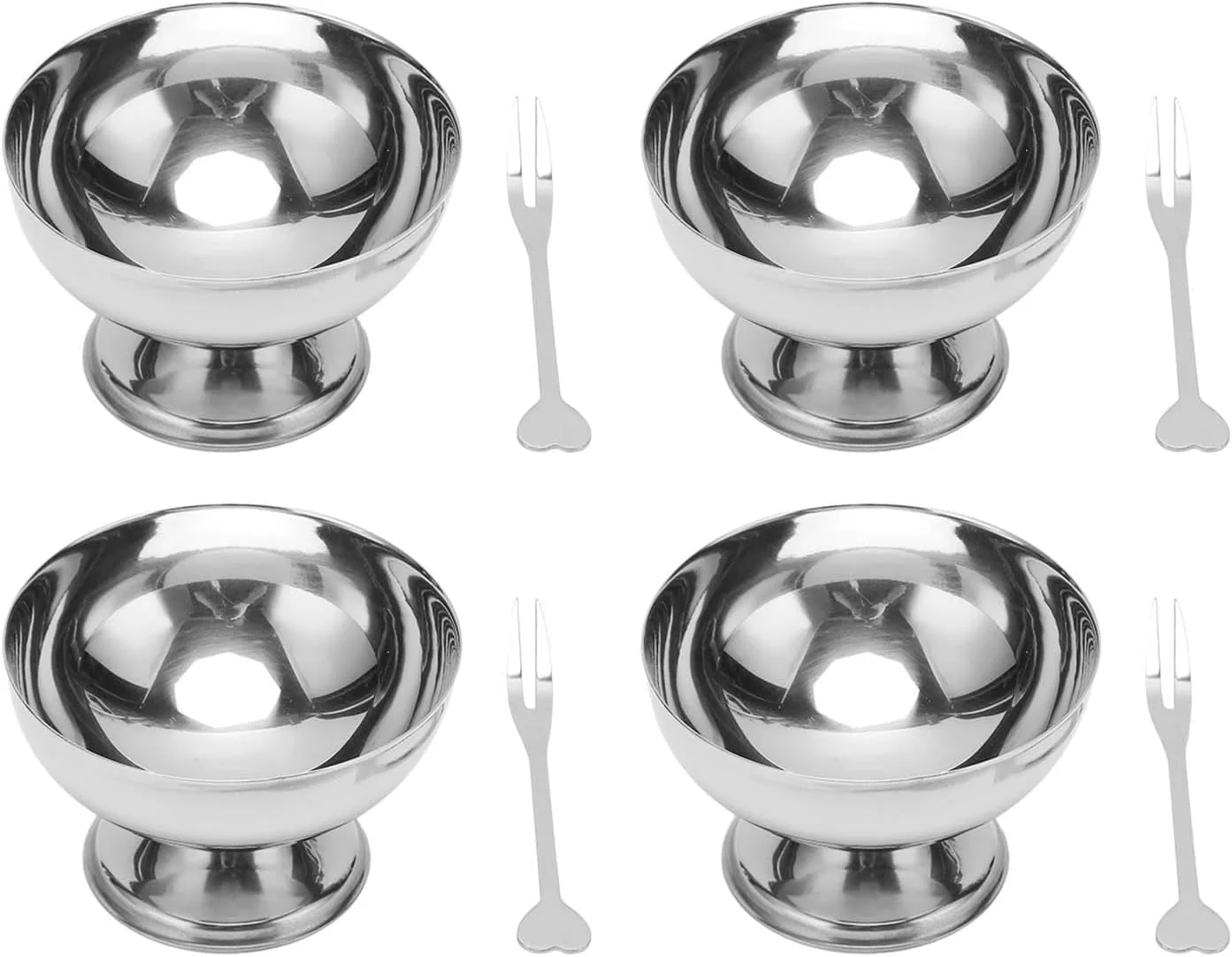 کاسه بستنی، استیل ضد زنگ، کاسه دسر فلزی مقاوم، 4 عدد کاسه با چنگال برای مهمانی، خانه، هتل، رستوران