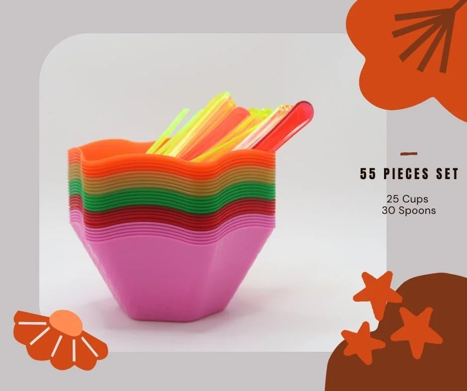 ست ظروف بستنی و قاشق مهمانی - 55 تکه کاسه و قاشق دسر یکبار مصرف بدون BPA برای بستنی، پودینگ، تنقلات - رنگارنگ، بادوام، تمیز کردن آسان - ایده آل برای جشن تولد کودکان و جشن ها.