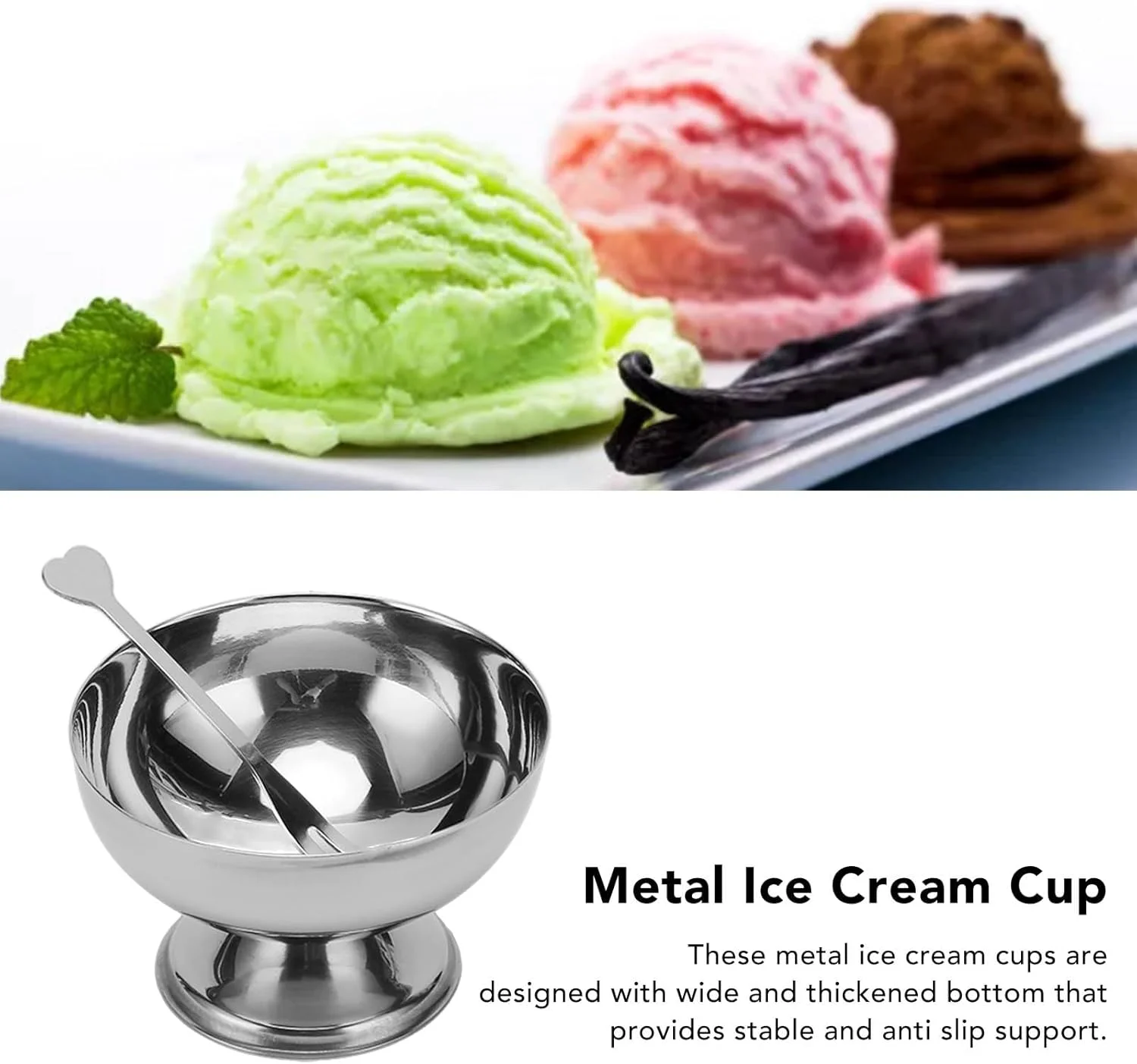 کاسه بستنی، استیل ضد زنگ، کاسه دسر فلزی مقاوم، 4 عدد کاسه با چنگال برای مهمانی، خانه، هتل، رستوران