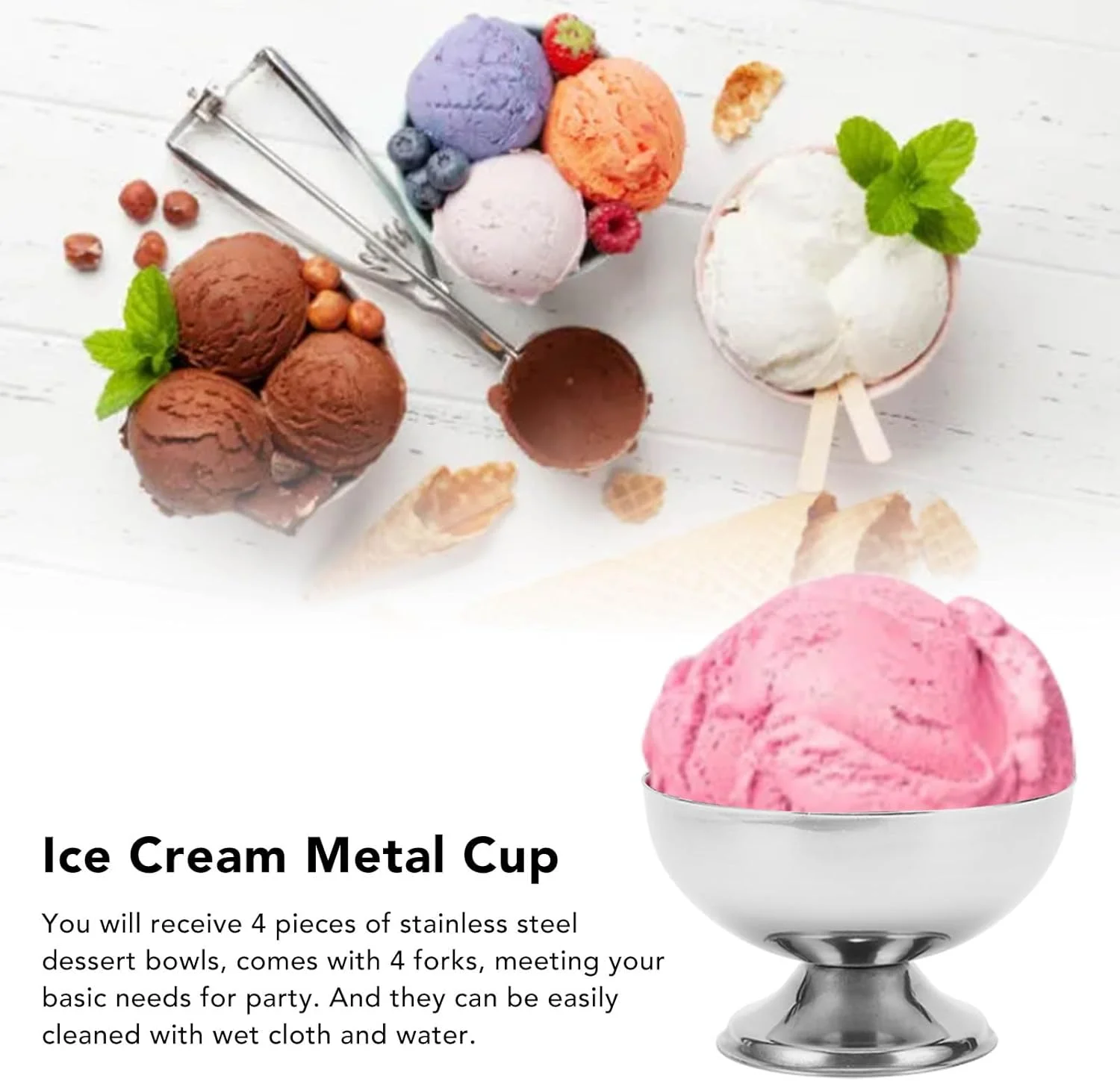 کاسه بستنی، استیل ضد زنگ، کاسه دسر فلزی مقاوم، 4 عدد کاسه با چنگال برای مهمانی، خانه، هتل، رستوران