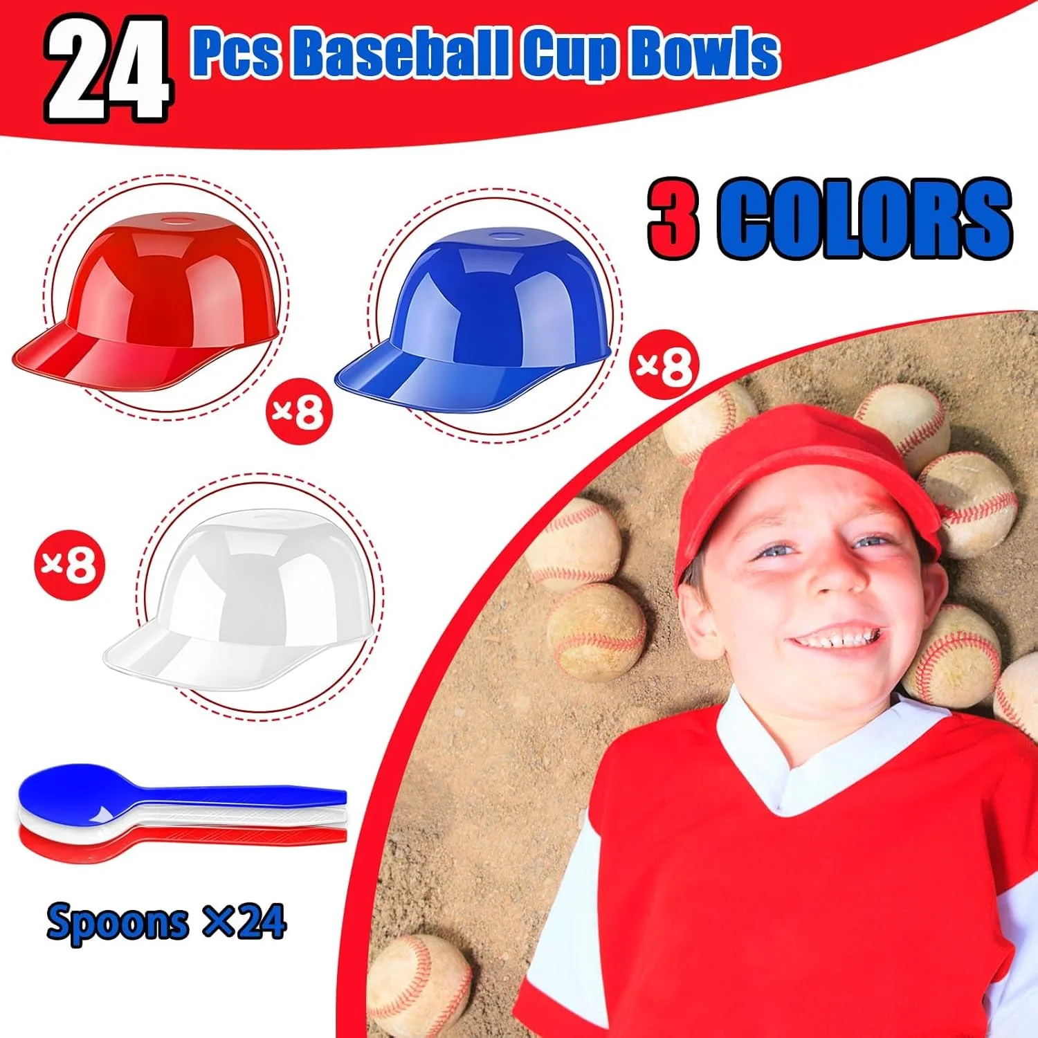 بسته 48 عددی مینی کاسه های دسر بستنی طرح کلاه بیسبال، فنجان های اسنک مهمانی برای لوازم جشن تولد (قرمز، آبی و سفید)