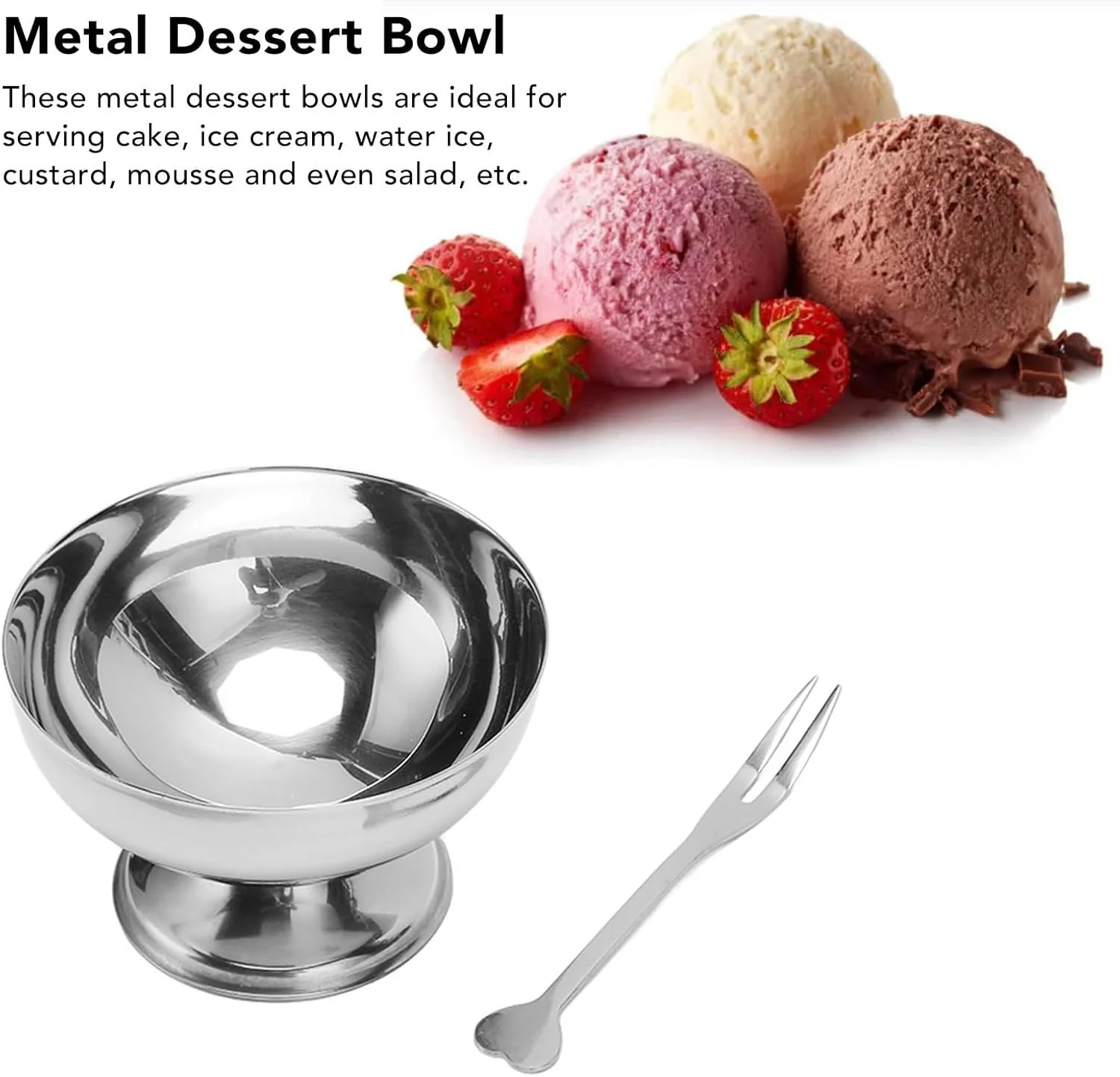 کاسه بستنی، استیل ضد زنگ، کاسه دسر فلزی مقاوم، 4 عدد کاسه با چنگال برای مهمانی، خانه، هتل، رستوران