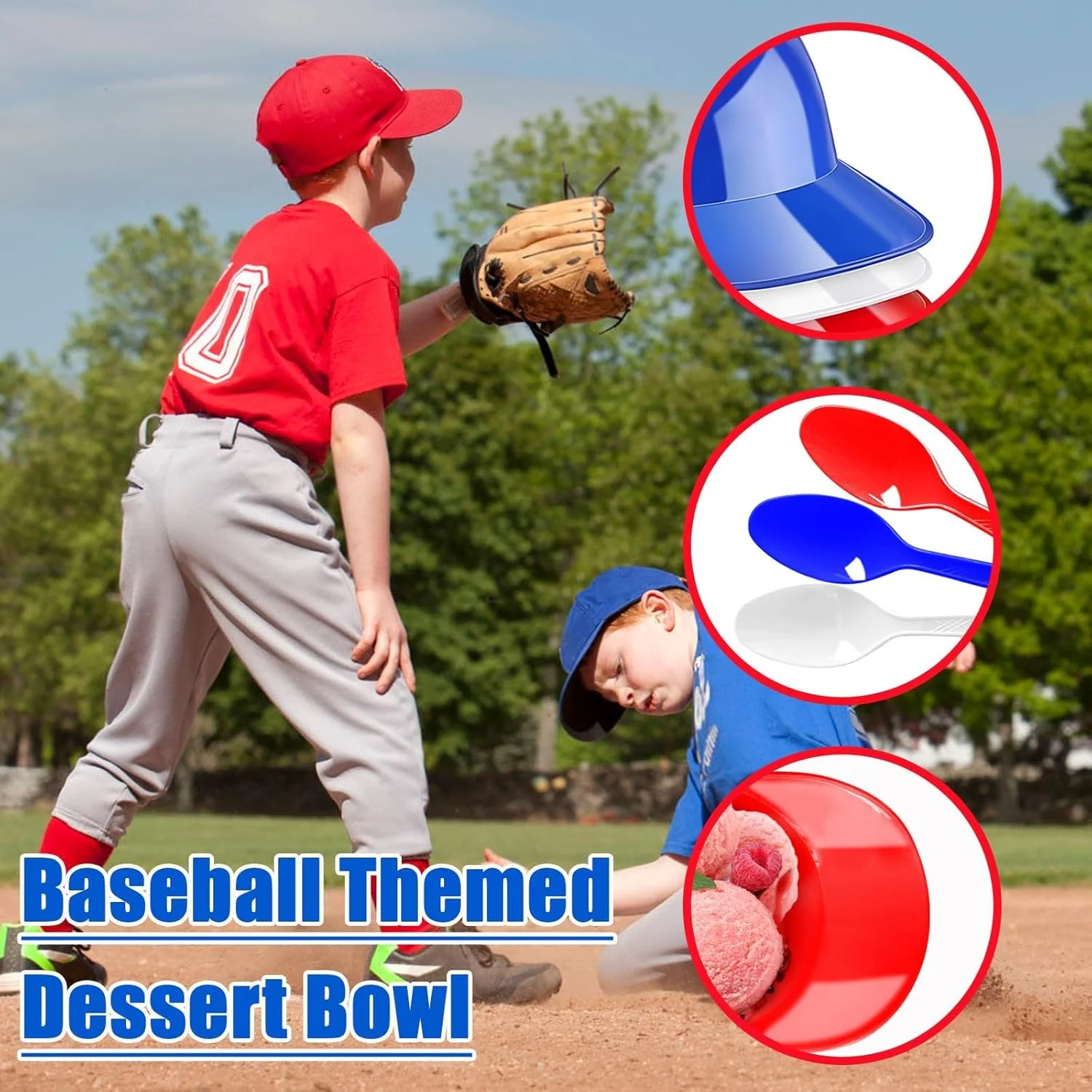 بسته 48 عددی مینی کاسه های دسر بستنی طرح کلاه بیسبال، فنجان های اسنک مهمانی برای لوازم جشن تولد (قرمز، آبی و سفید)