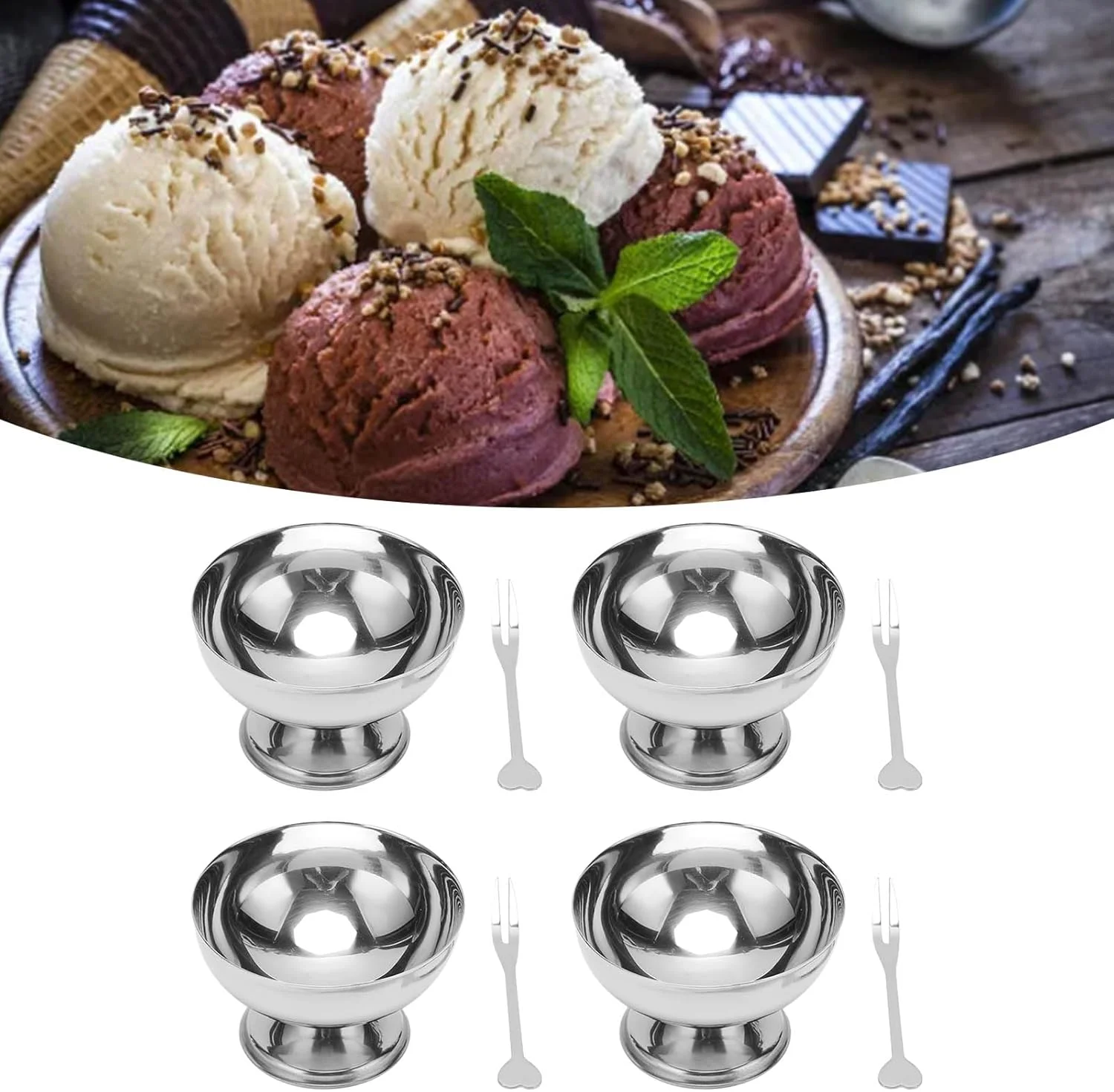 کاسه بستنی، استیل ضد زنگ، کاسه دسر فلزی مقاوم، 4 عدد کاسه با چنگال برای مهمانی، خانه، هتل، رستوران