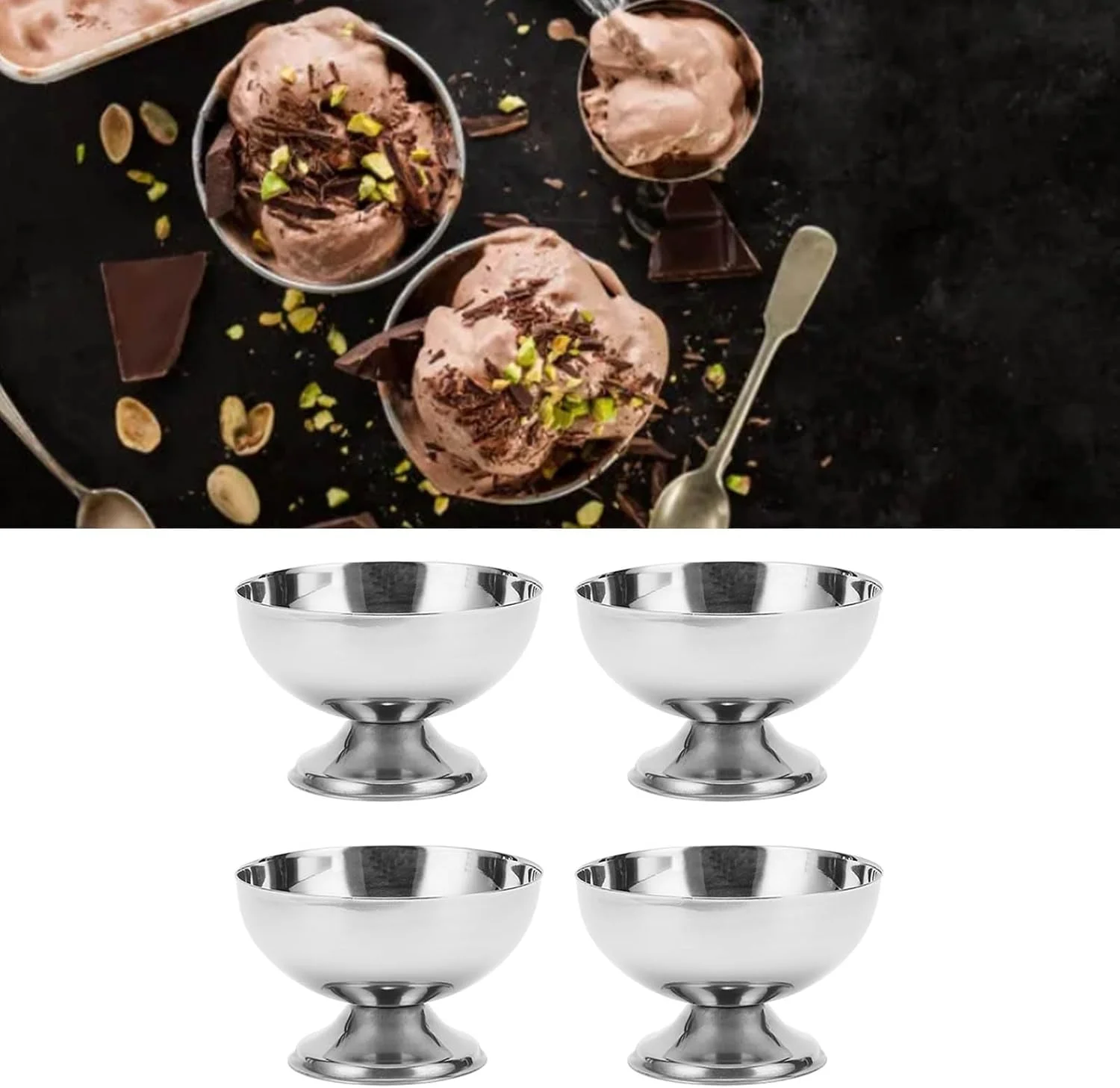 کاسه بستنی، استیل ضد زنگ، کاسه دسر فلزی مقاوم، 4 عدد کاسه با چنگال برای مهمانی، خانه، هتل، رستوران