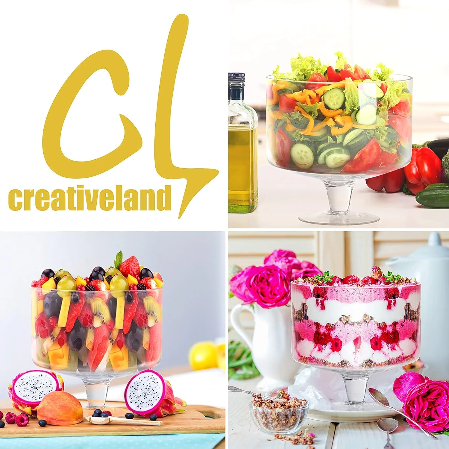 ظرف ترایفل کریستال شفاف CREATIVELAND، مجموعه 1 عددی، 3.3 لیتری، ظرف ترایفل پایه دار، ظرف ترایفل برای دسرهای مجلل مانند سالاد، میوه، بستنی، پارفه، پودینگ، ظرف مهمانی