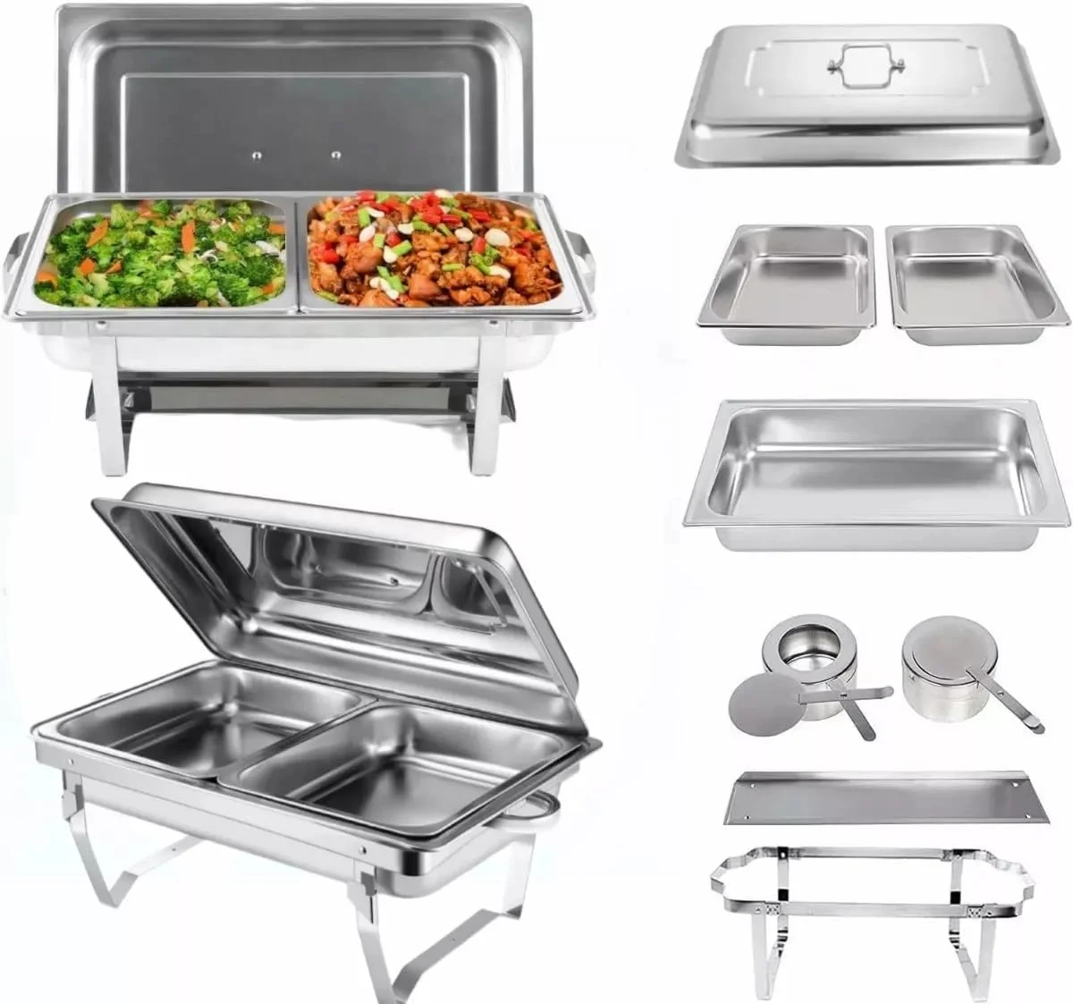 ظرف گرم نگهدارنده غذا استیل دو قلو COOLBABY با جایگاه سوخت، گرمکن بوفه با فریم تاشو، سینی گرم کننده غذا با درب برای مهمانی ها، عروسی ها، ضیافت ها و رویدادها