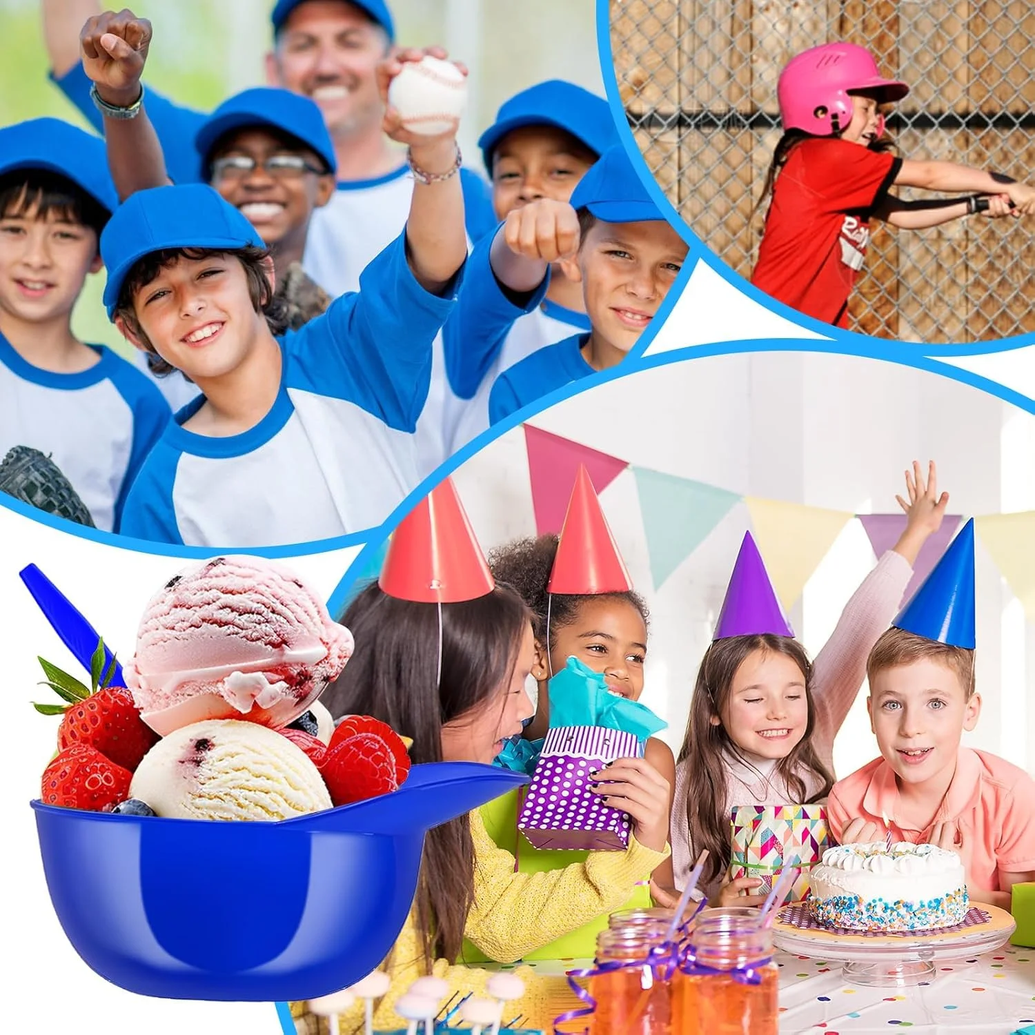 بسته 48 عددی مینی کاسه های دسر بستنی طرح کلاه بیسبال، فنجان های اسنک مهمانی برای لوازم جشن تولد (قرمز، آبی و سفید)