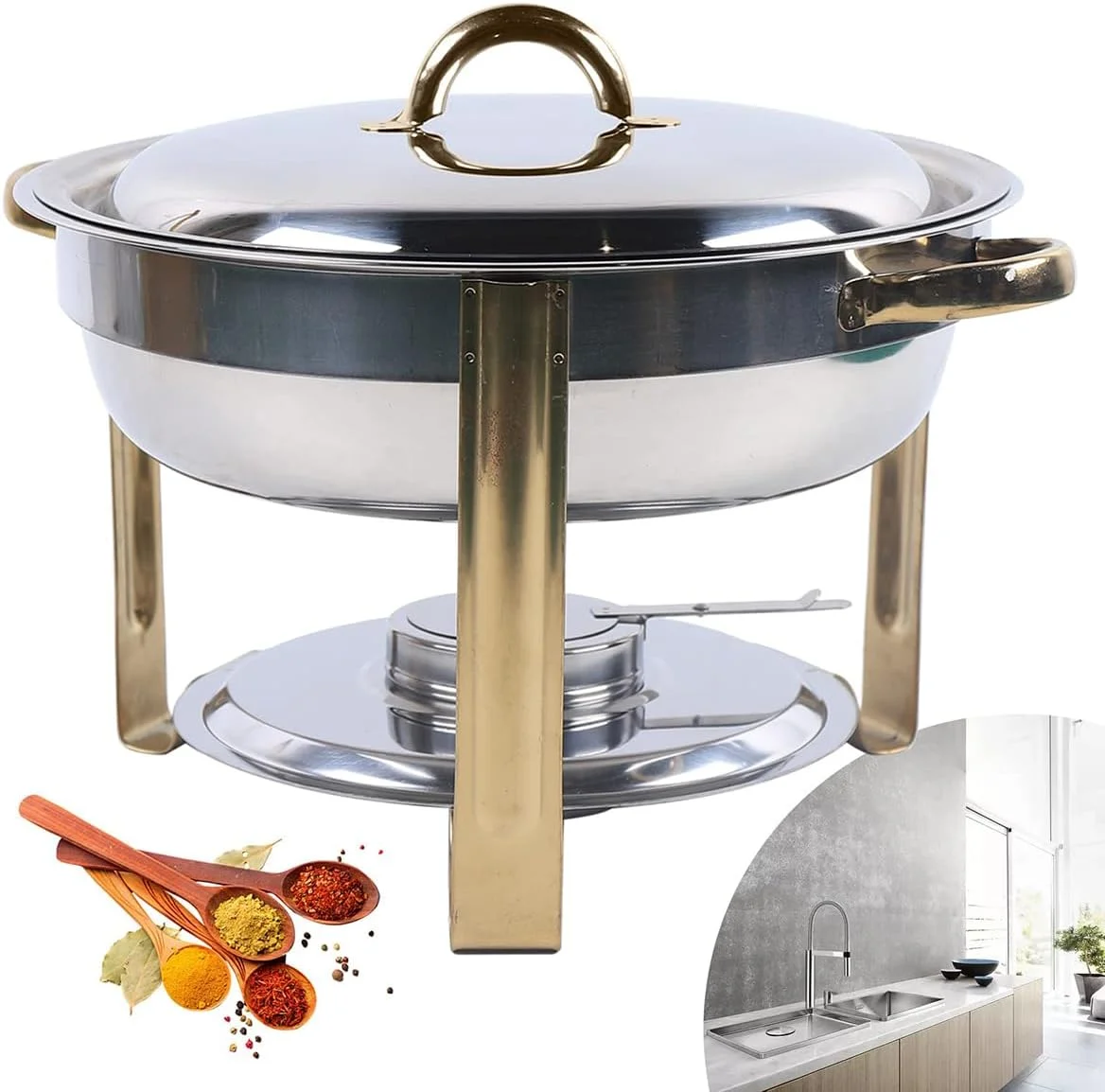 گرمکن غذا استیل 4 لیتری، ظرف گرم نگهدارنده غذا، گرمکن بوفه گرد، دستگاه گرم کننده سوپ برای مهمانی ها، بوفه ها، عروسی ها، جشن ها و مراسم پذیرایی