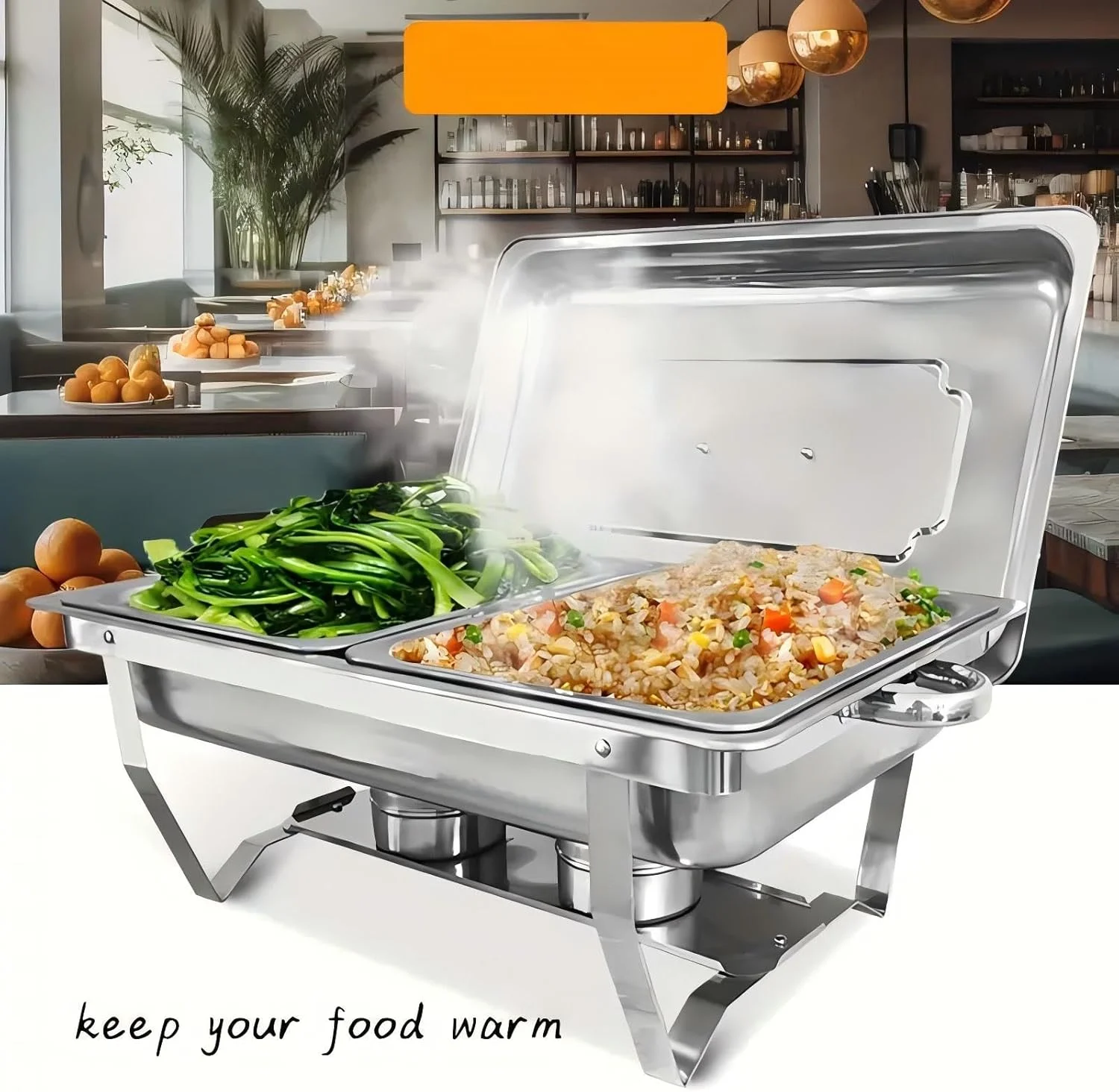 ظرف گرم نگهدارنده غذا استیل دو قلو COOLBABY با جایگاه سوخت، گرمکن بوفه با فریم تاشو، سینی گرم کننده غذا با درب برای مهمانی ها، عروسی ها، ضیافت ها و رویدادها