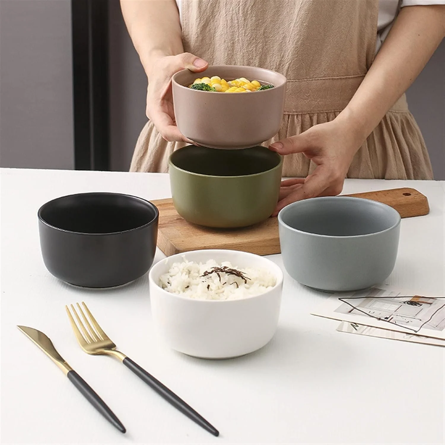 COKYIS کاسه های آشپزخانه، کاسه برنج سرامیکی تکه ای، کاسه نودل خانگی با طرح خلاقانه، کاسه فرنی، کاسه دسر، یک عدد (رنگ: Hortel)