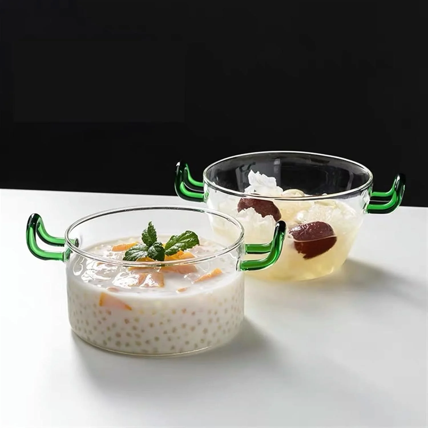 کاسه های شیشه ای COKYIS برای آشپزخانه، کاسه سالاد با دسته، کاسه دسر، مقاوم در برابر حرارت مایکروویو، کاسه خانگی برای صبحانه، فرنی و بستنی (رنگ: قیفی)