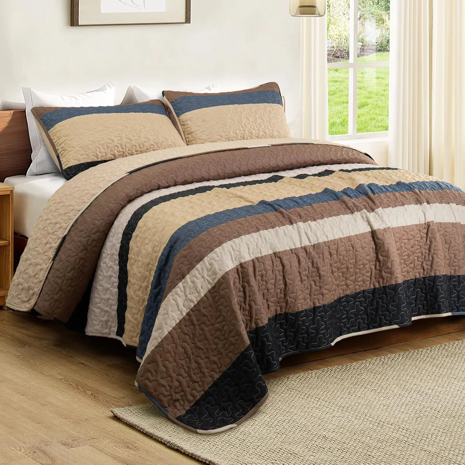 ست لحاف کامل سایز کوئین Whale Flotilla - لحاف شتری دو رو سایز کوئین با 2 روبالشتی، روتختی راه راه بوهو سبک وزن مناسب برای تمام فصول ست لحاف کامل سایز کوئین Whale Flotilla - لحاف شتری دو رو سایز کوئین با 2 روبالشتی، روتختی راه راه بوهو سبک وزن مناسب برای تمام فصول