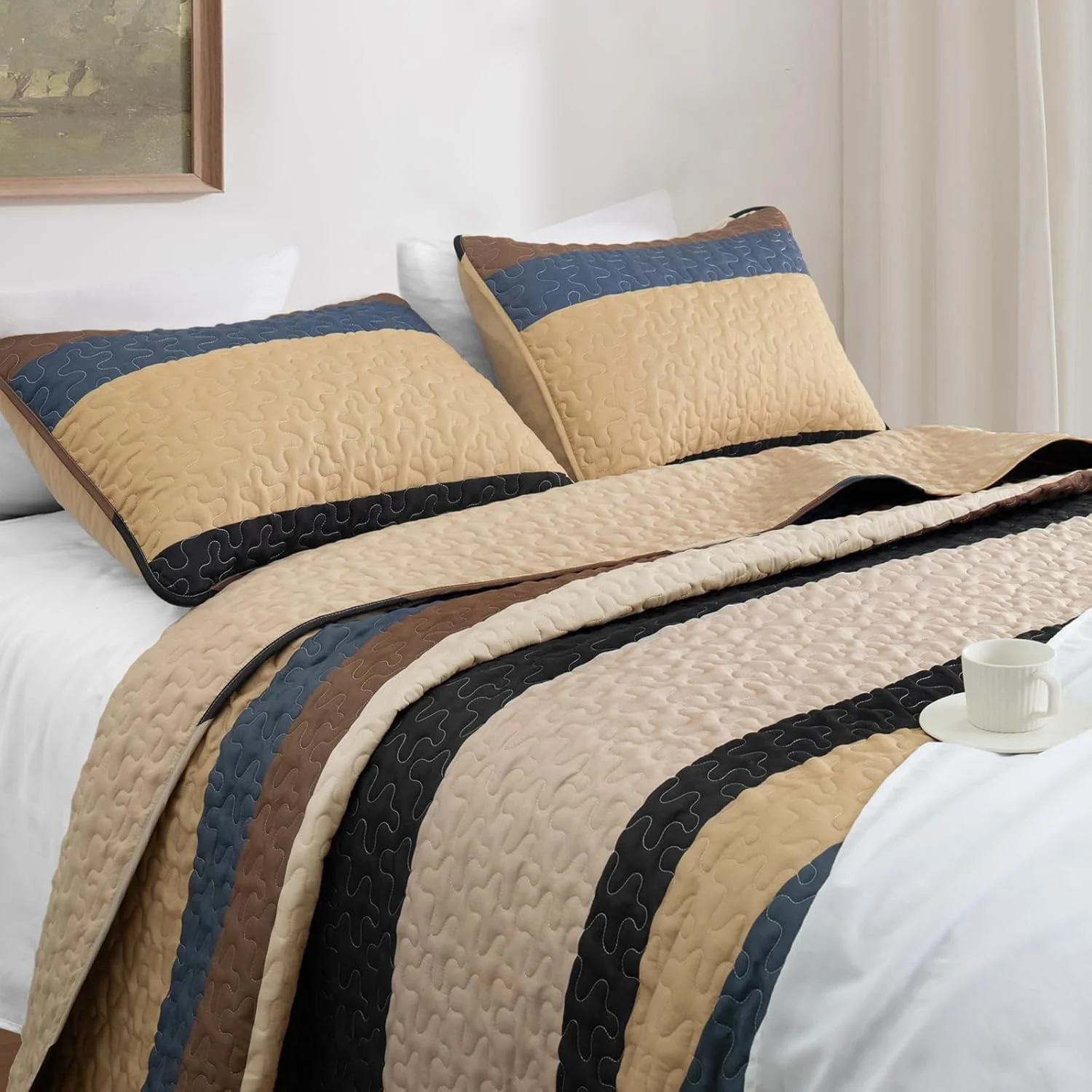 ست لحاف کامل سایز کوئین Whale Flotilla - لحاف شتری دو رو سایز کوئین با 2 روبالشتی، روتختی راه راه بوهو سبک وزن مناسب برای تمام فصول ست لحاف کامل سایز کوئین Whale Flotilla - لحاف شتری دو رو سایز کوئین با 2 روبالشتی، روتختی راه راه بوهو سبک وزن مناسب برای تمام فصول