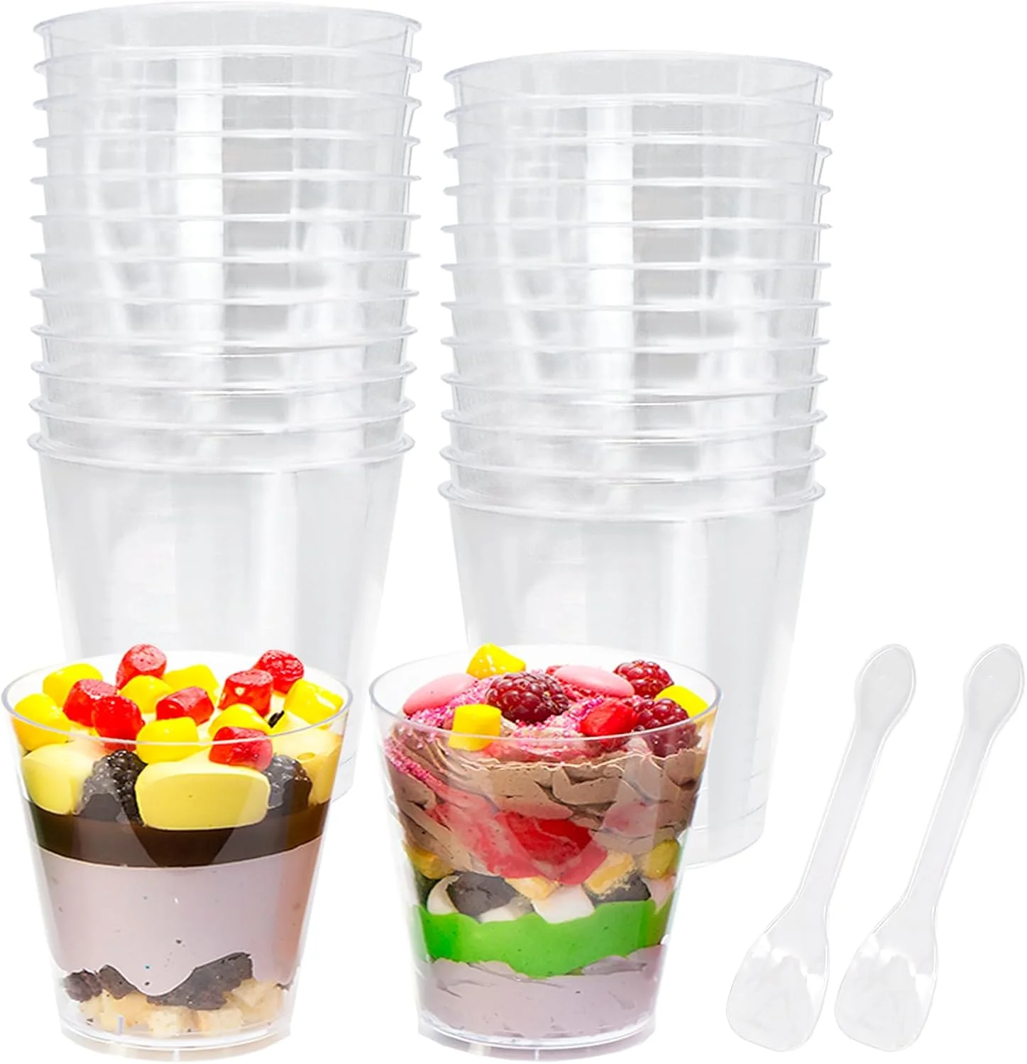 سینی دسر مینیاتوری 25 عددی Cisolen، ظرف دسر پلاستیکی 210 میلی لیتری/7 اونسی با قاشق، کاسه دسر شفاف، ظرف مربعی چیزکیک برای دسرهای خانگی، پودینگ، موس، مهمانی بستنی (گرد)
