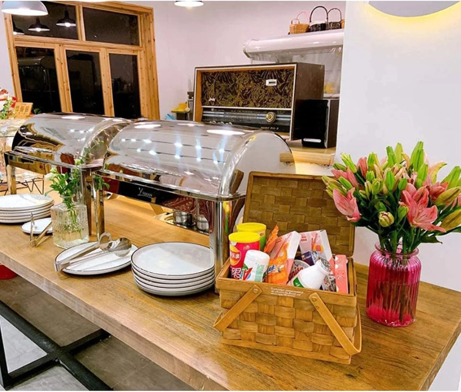 گرمکن غذای بوفه CHUANGRUN، ست بوفه گرمکن استیل ضد زنگ برقی با درب شیشه ای، ظرف گرمکن بوفه تجاری 13.5 لیتری، برای گرم نگه داشتن غذا