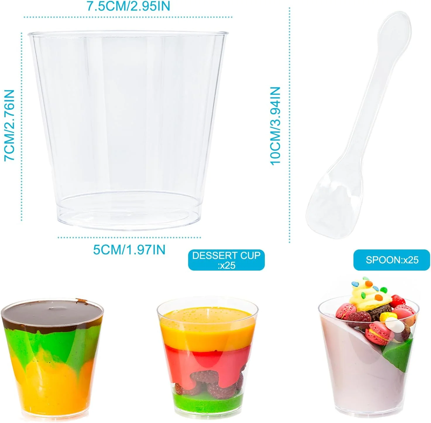 سینی دسر مینیاتوری 25 عددی Cisolen، ظرف دسر پلاستیکی 210 میلی لیتری/7 اونسی با قاشق، کاسه دسر شفاف، ظرف مربعی چیزکیک برای دسرهای خانگی، پودینگ، موس، مهمانی بستنی (گرد)