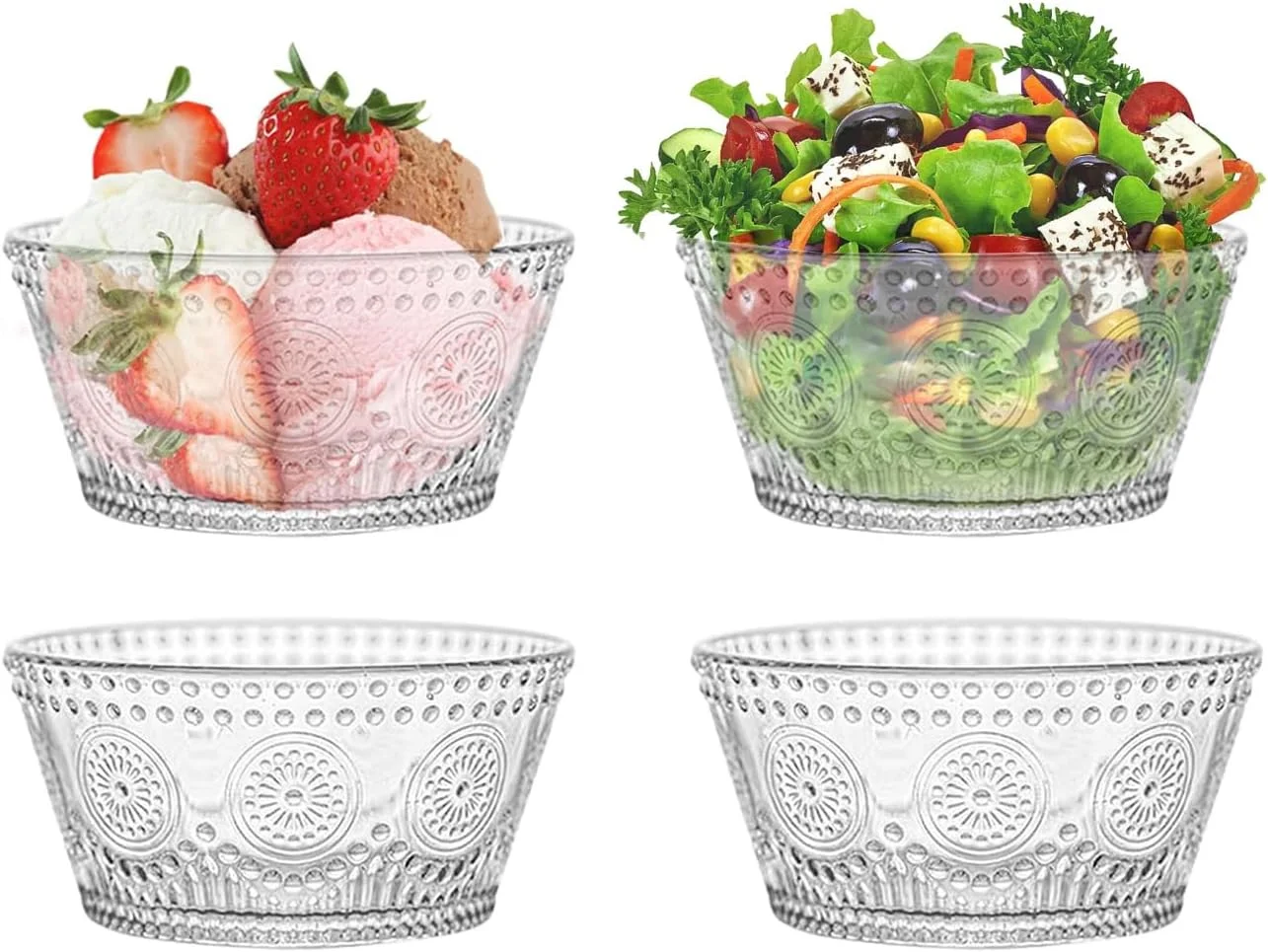 پیاله دسر شیشه ای وینتیج CHPINDAM، پیاله بستنی، ست 4 عددی پیاله شیشه ای 384 میلی لیتری برای پیاله های کوچک، بستنی، ساندا، جو دوسر، سالاد میوه کوچک و غیره (4 عدد)