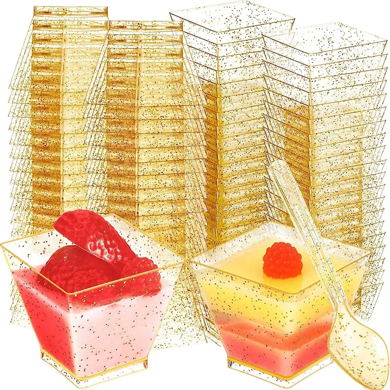 ChicAbode Mini Glitter Dessert Cups, Disposable Square Plastic Cake Cups with Spoons Set Gold Glitter, Premium Quality, Great for Tasting Party Desserts Appetizers (50 Dessert Cups + 50 Spoons)