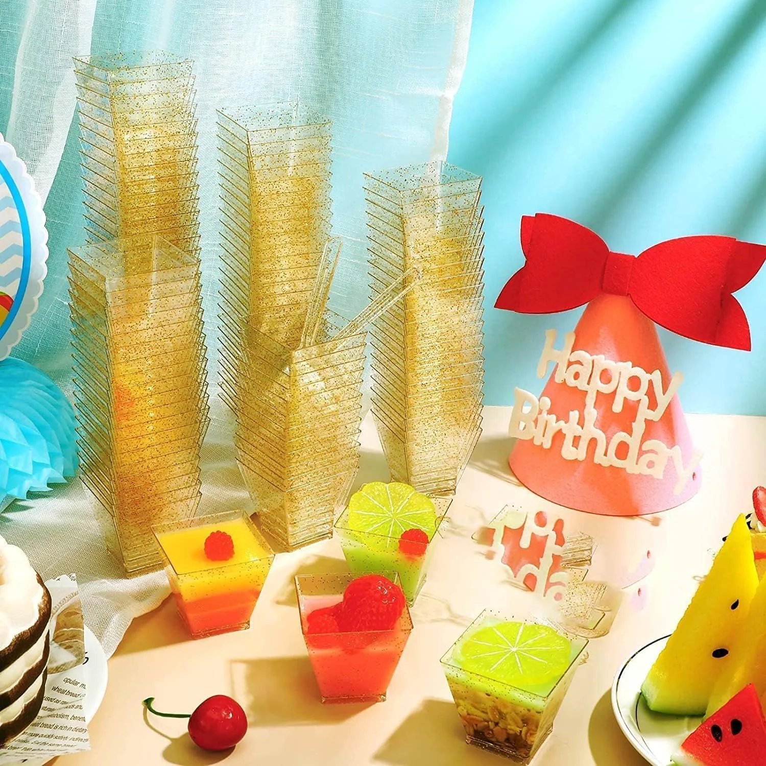 ChicAbode Mini Glitter Dessert Cups, Disposable Square Plastic Cake Cups with Spoons Set Gold Glitter, Premium Quality, Great for Tasting Party Desserts Appetizers (50 Dessert Cups + 50 Spoons) ChicAbode Mini Glitter Dessert Cups, Disposable Square Plastic Cake Cups with Spoons Set Gold Glitter, Premium Quality, Great for Tasting Party Desserts Appetizers (50 Dessert Cups + 50 Spoons)