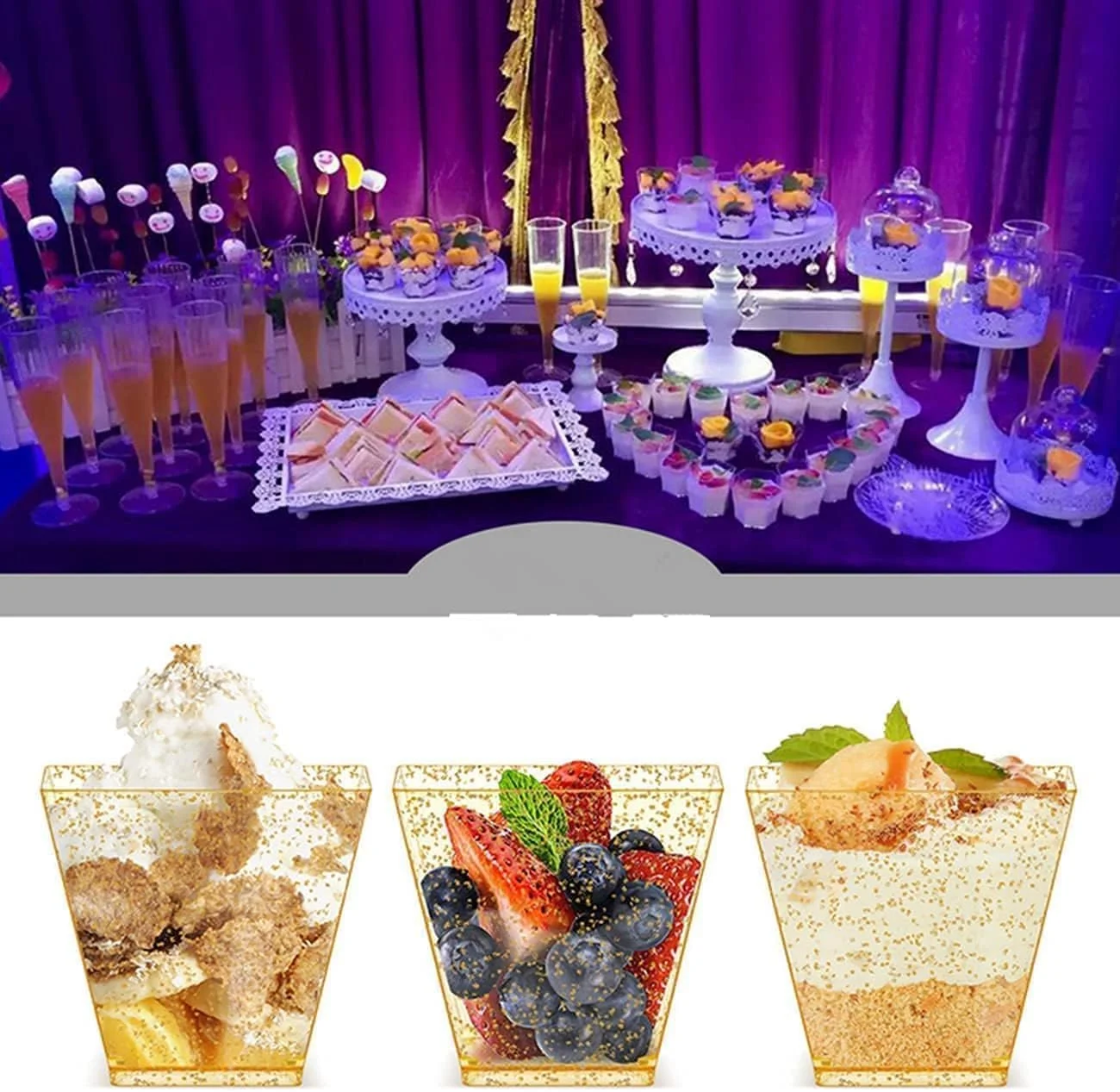 ChicAbode Mini Glitter Dessert Cups, Disposable Square Plastic Cake Cups with Spoons Set Gold Glitter, Premium Quality, Great for Tasting Party Desserts Appetizers (50 Dessert Cups + 50 Spoons) ChicAbode Mini Glitter Dessert Cups, Disposable Square Plastic Cake Cups with Spoons Set Gold Glitter, Premium Quality, Great for Tasting Party Desserts Appetizers (50 Dessert Cups + 50 Spoons)