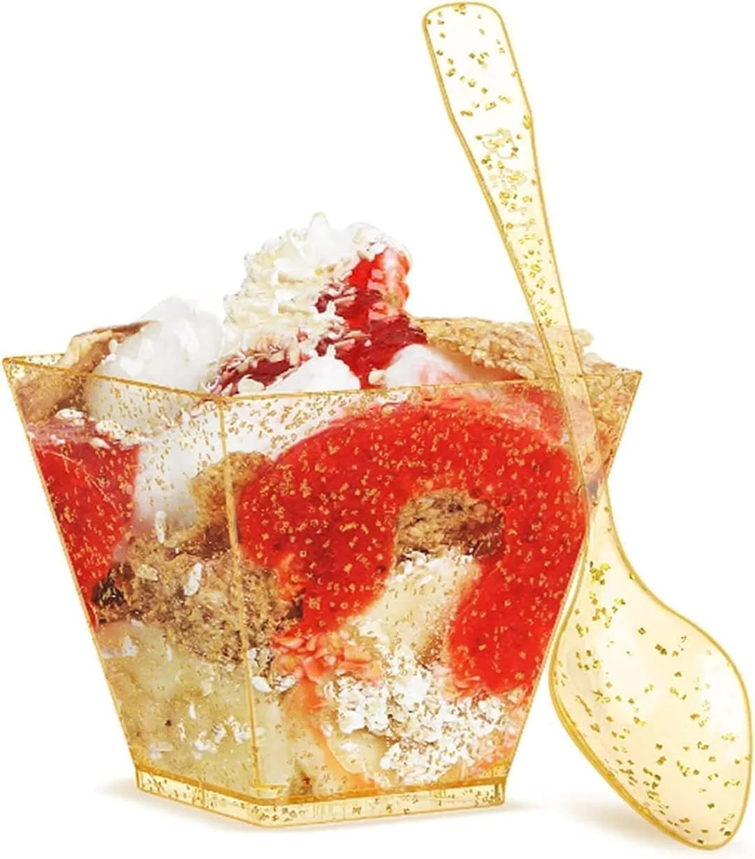 ChicAbode Mini Glitter Dessert Cups, Disposable Square Plastic Cake Cups with Spoons Set Gold Glitter, Premium Quality, Great for Tasting Party Desserts Appetizers (50 Dessert Cups + 50 Spoons) ChicAbode Mini Glitter Dessert Cups, Disposable Square Plastic Cake Cups with Spoons Set Gold Glitter, Premium Quality, Great for Tasting Party Desserts Appetizers (50 Dessert Cups + 50 Spoons)