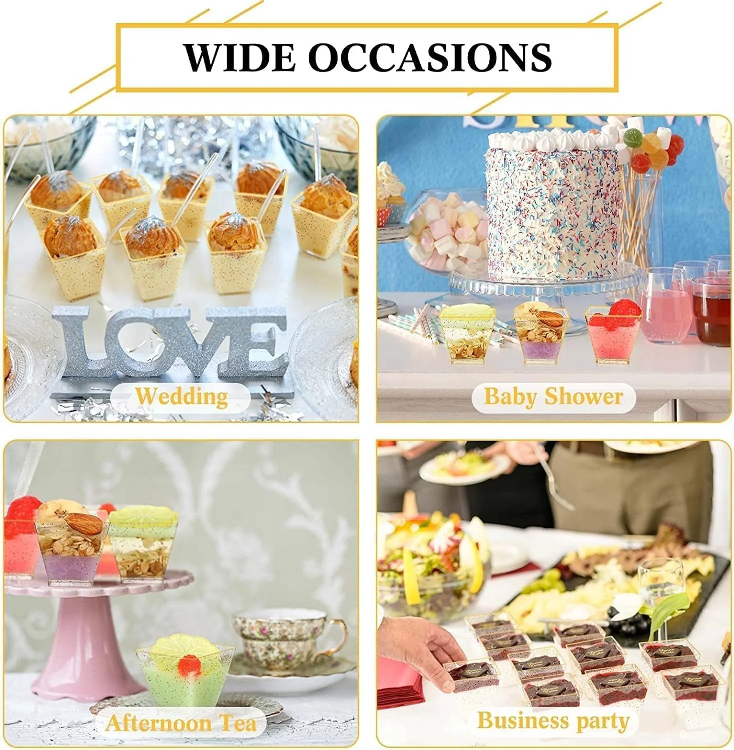 ChicAbode Mini Glitter Dessert Cups, Disposable Square Plastic Cake Cups with Spoons Set Gold Glitter, Premium Quality, Great for Tasting Party Desserts Appetizers (50 Dessert Cups + 50 Spoons) ChicAbode Mini Glitter Dessert Cups, Disposable Square Plastic Cake Cups with Spoons Set Gold Glitter, Premium Quality, Great for Tasting Party Desserts Appetizers (50 Dessert Cups + 50 Spoons)