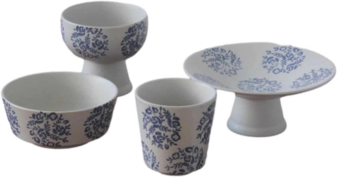 یک عدد فنجان آب سرامیکی رنگی زیر لعابی چینی، ست کاسه و بشقاب با ظرفیت کم - آبی و سفید - طرح گل - کاسه دسر به ارتفاع 3.75 اینچ