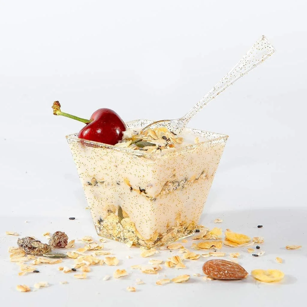 ChicAbode Mini Glitter Dessert Cups, Disposable Square Plastic Cake Cups with Spoons Set Gold Glitter, Premium Quality, Great for Tasting Party Desserts Appetizers (50 Dessert Cups + 50 Spoons) ChicAbode Mini Glitter Dessert Cups, Disposable Square Plastic Cake Cups with Spoons Set Gold Glitter, Premium Quality, Great for Tasting Party Desserts Appetizers (50 Dessert Cups + 50 Spoons)