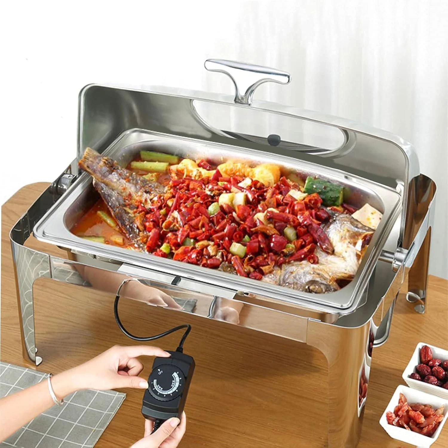 ظرف گرم نگهدارنده غذا 9 و 13 لیتری، گرم کننده برقی غذا برای مهمانی ها و بوفه ها، گرمکن بوفه استیل ضد زنگ با درب شیشه ای برای گرم نگه داشتن غذا