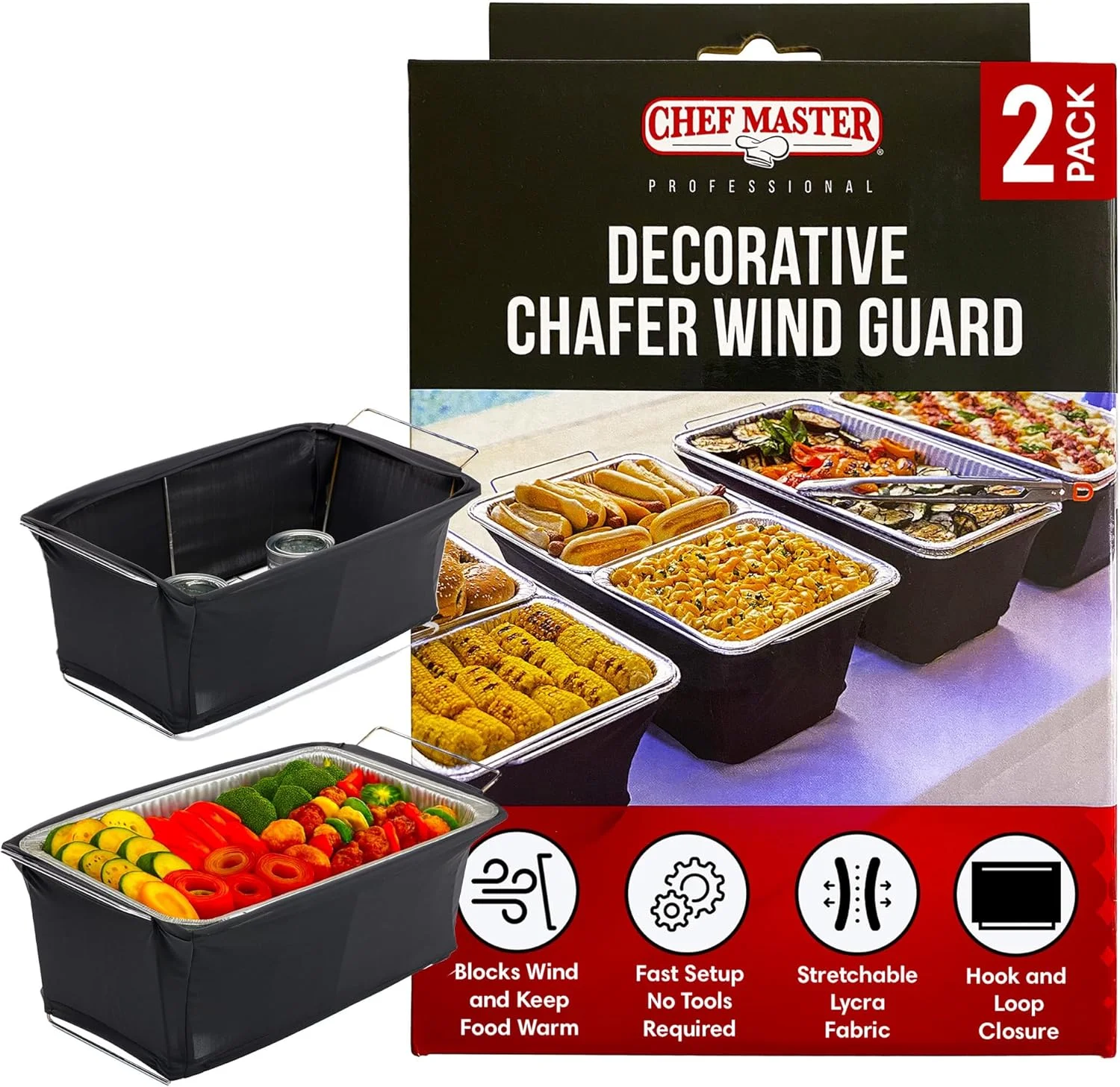 محافظ باد ظرف گرمکن غذا، روکش تزئینی گرم نگهدارنده غذا برای رویدادهای داخلی و خارجی، پارچه مقاوم در برابر شعله، مسدود کننده هوا، گرم نگهدارنده ظرف برای مهمانی ها، پذیرایی ها، بوفه ها - Chef Master 90081 (بسته 2 عددی)