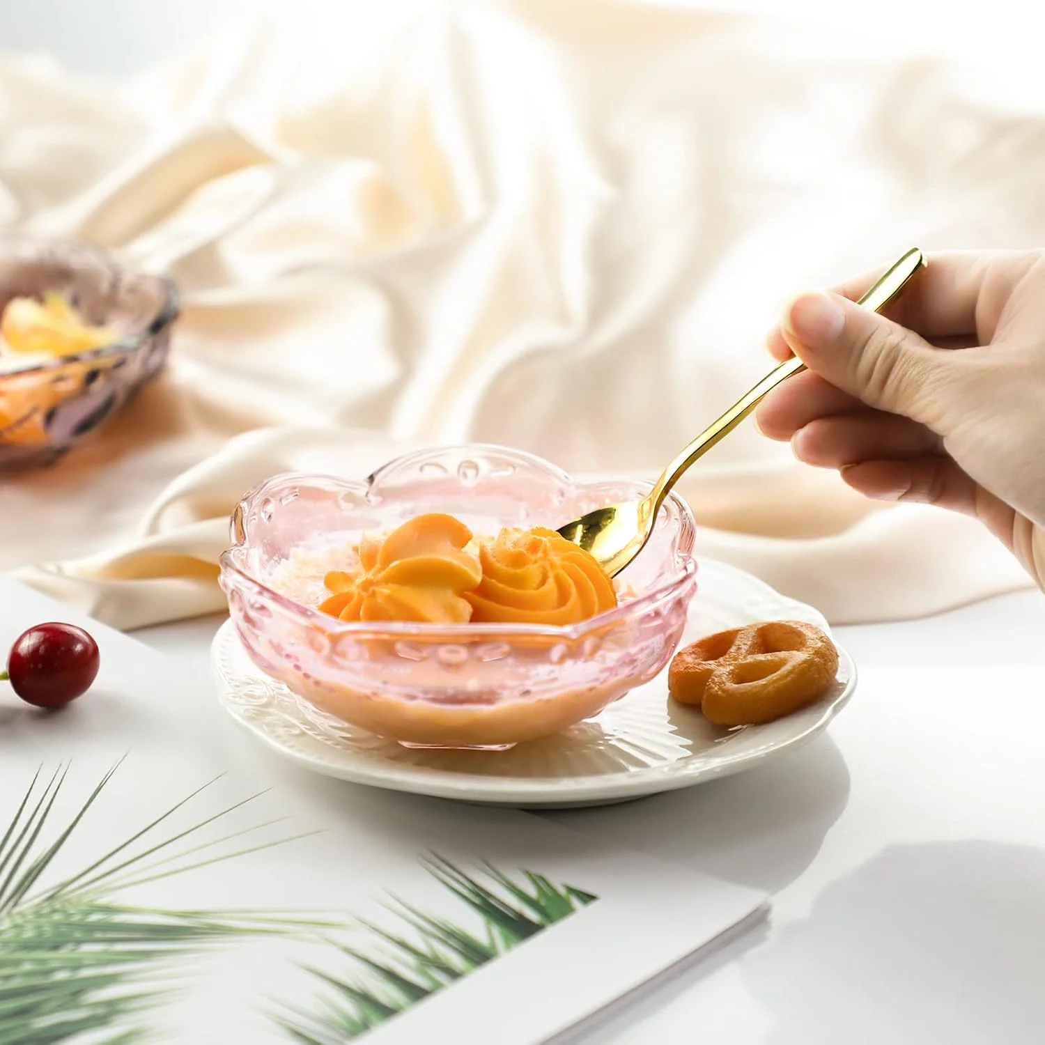 CHOOLD ست 4 عددی کاسه دسر شیشه ای رمانتیک طرح گیلاس، طرح قلب، کاسه بستنی، کاسه ترایفل، کاسه سالاد، صورتی - 240 میلی لیتر