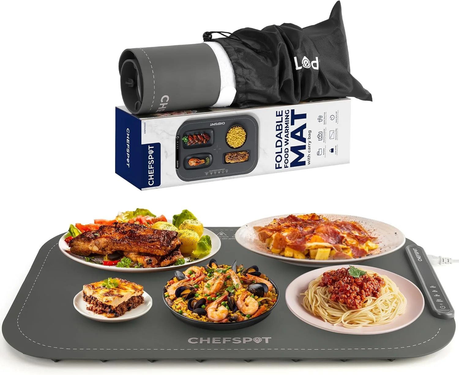 حصیر گرم کننده تاشو غذا CHEFSPOT، سینی بوفه برقی 60x38 سانتی‌متری با 3 تنظیمات حرارتی، خاموش شدن خودکار، صفحه گرم نگهدارنده قابل حمل برای مهمانی‌ها، روی میز و پذیرایی، تمیز کردن آسان، با کیف حمل - خاکستری