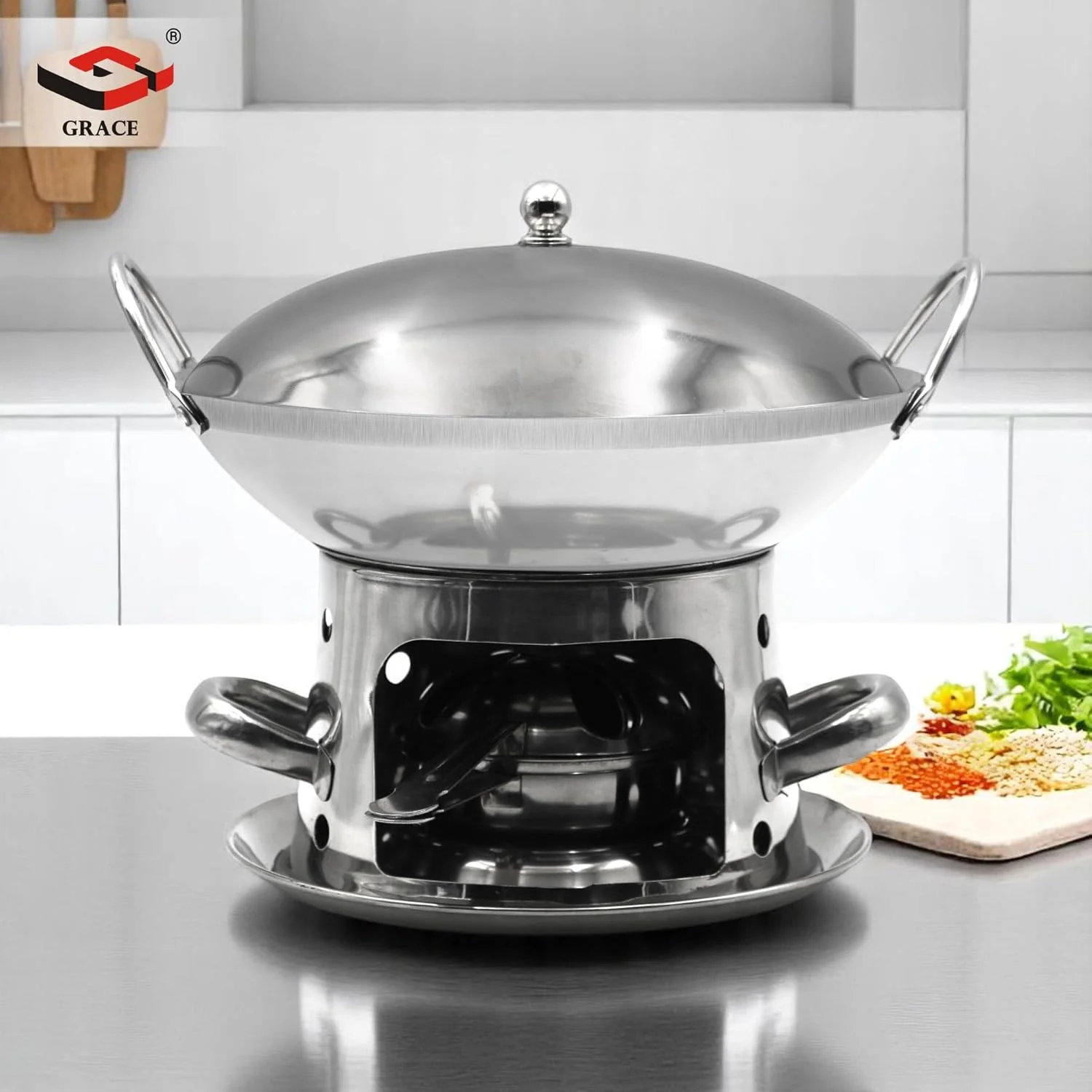 گریس قابلمه استیل چینی هات پات شیشه‌ای شیشه‌شور تک نفره، ظرف گرم نگهدارنده غذا (GR-HP-02)