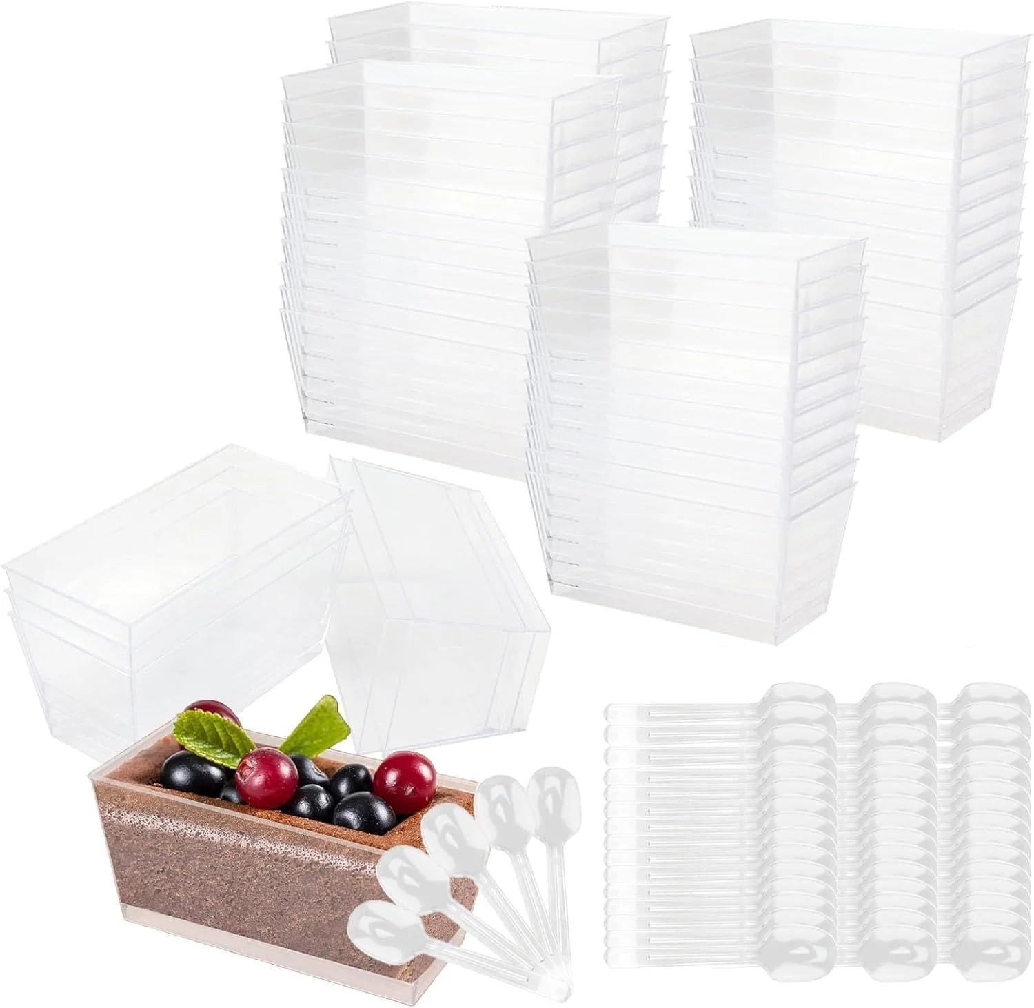 ظروف دسر، 25 عدد ظروف پلاستیکی مربعی شکل چیزکیک، کاسه های سرو مستطیلی شفاف قابل استفاده مجدد با درب و قاشق برای پودینگ، موس، ترایفل، پیش غذا، تنقلات، مهمانی، پذیرایی، 33 * 23.5 * 7.5 سانتی متر