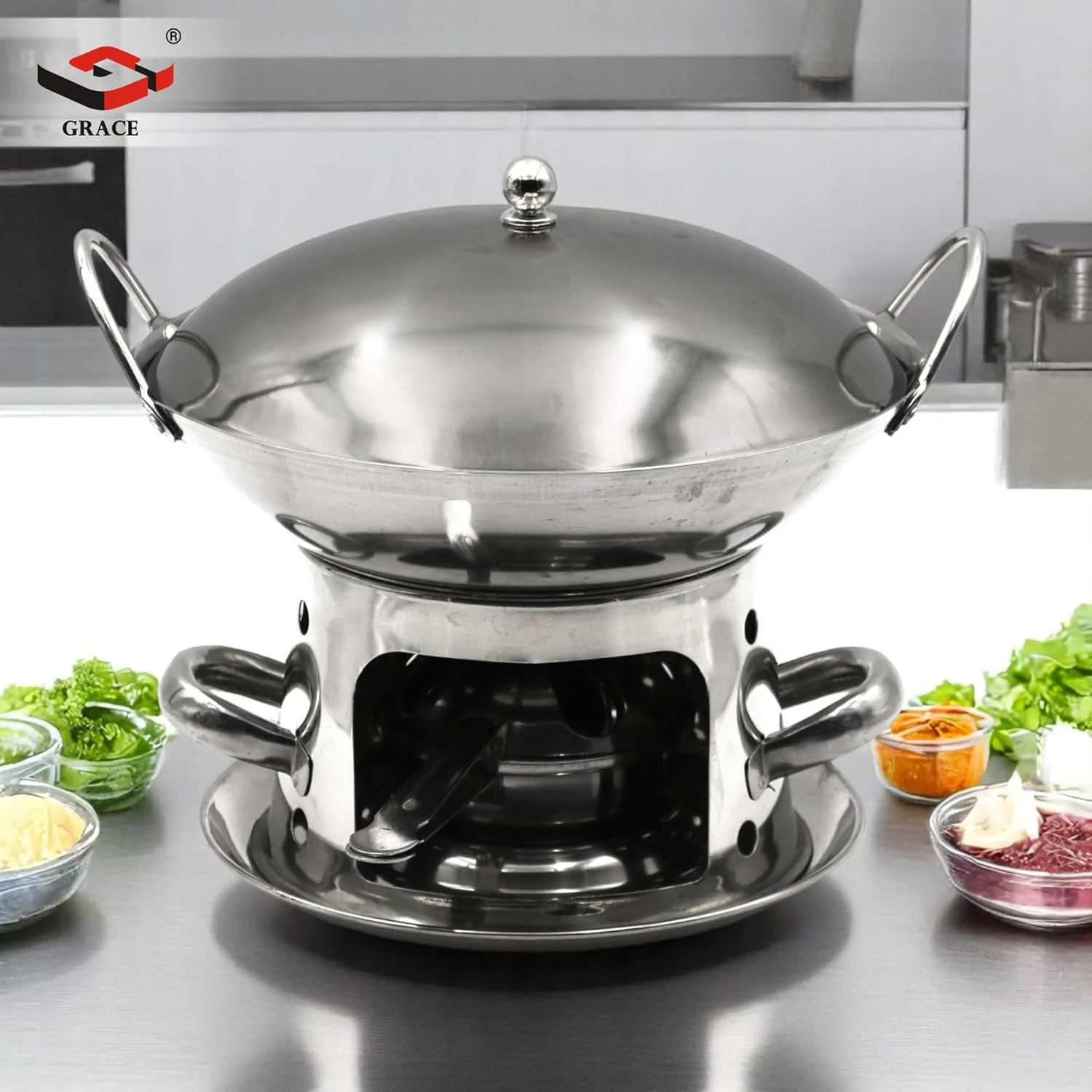 گریس قابلمه استیل چینی هات پات شیشه‌ای شیشه‌شور تک نفره، ظرف گرم نگهدارنده غذا (GR-HP-02)