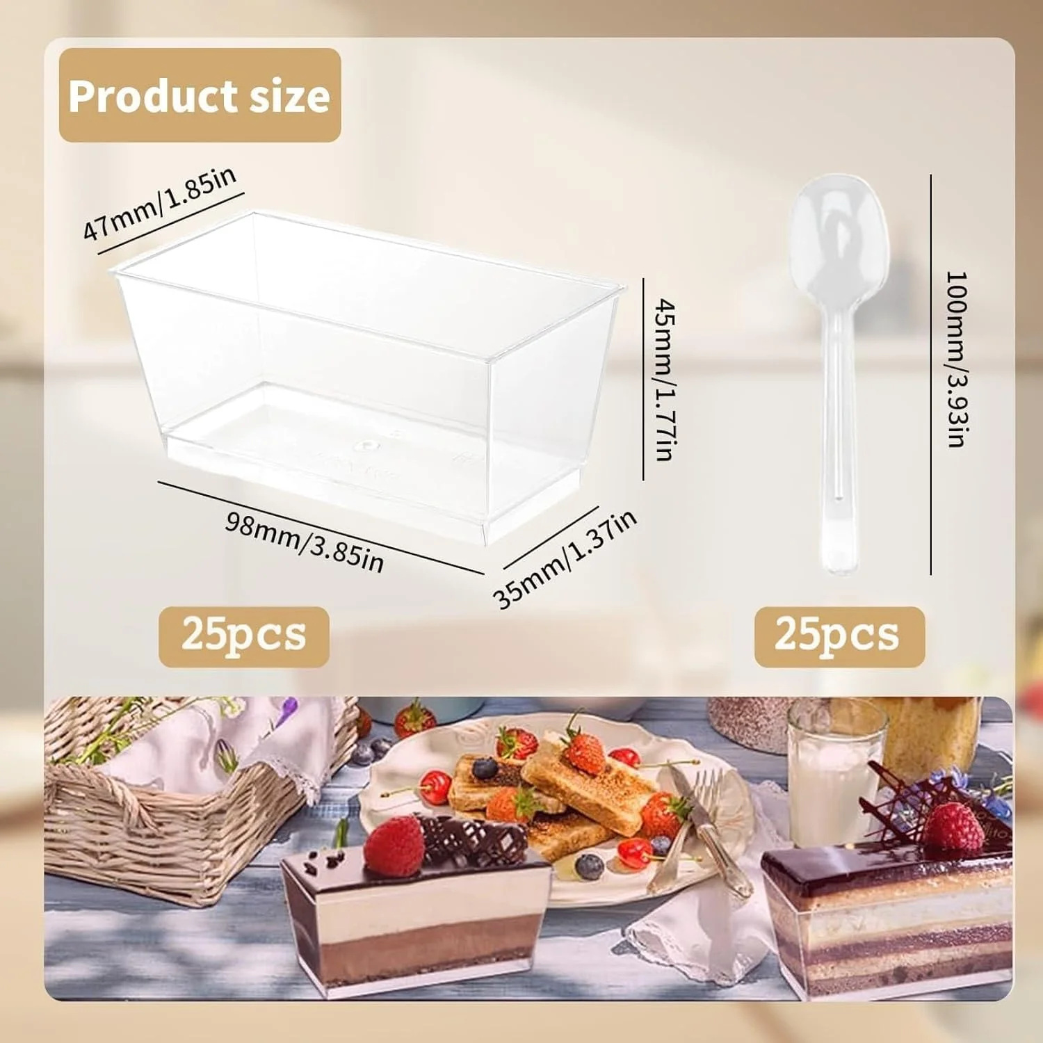 ظروف دسر، 25 عدد ظروف پلاستیکی مربعی شکل چیزکیک، کاسه های سرو مستطیلی شفاف قابل استفاده مجدد با درب و قاشق برای پودینگ، موس، ترایفل، پیش غذا، تنقلات، مهمانی، پذیرایی، 33 * 23.5 * 7.5 سانتی متر
