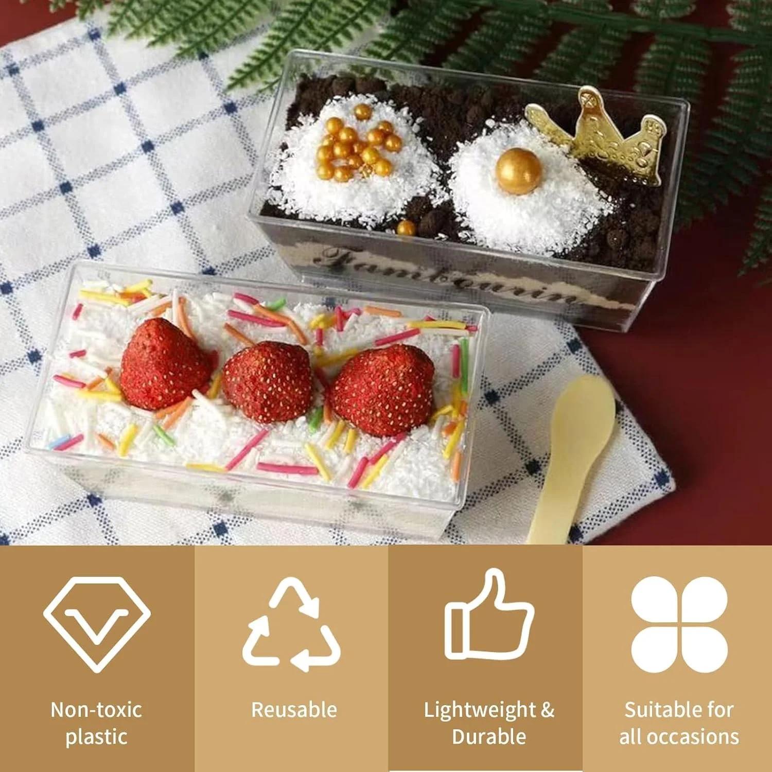 ظروف دسر، 25 عدد ظروف پلاستیکی مربعی شکل چیزکیک، کاسه های سرو مستطیلی شفاف قابل استفاده مجدد با درب و قاشق برای پودینگ، موس، ترایفل، پیش غذا، تنقلات، مهمانی، پذیرایی، 33 * 23.5 * 7.5 سانتی متر