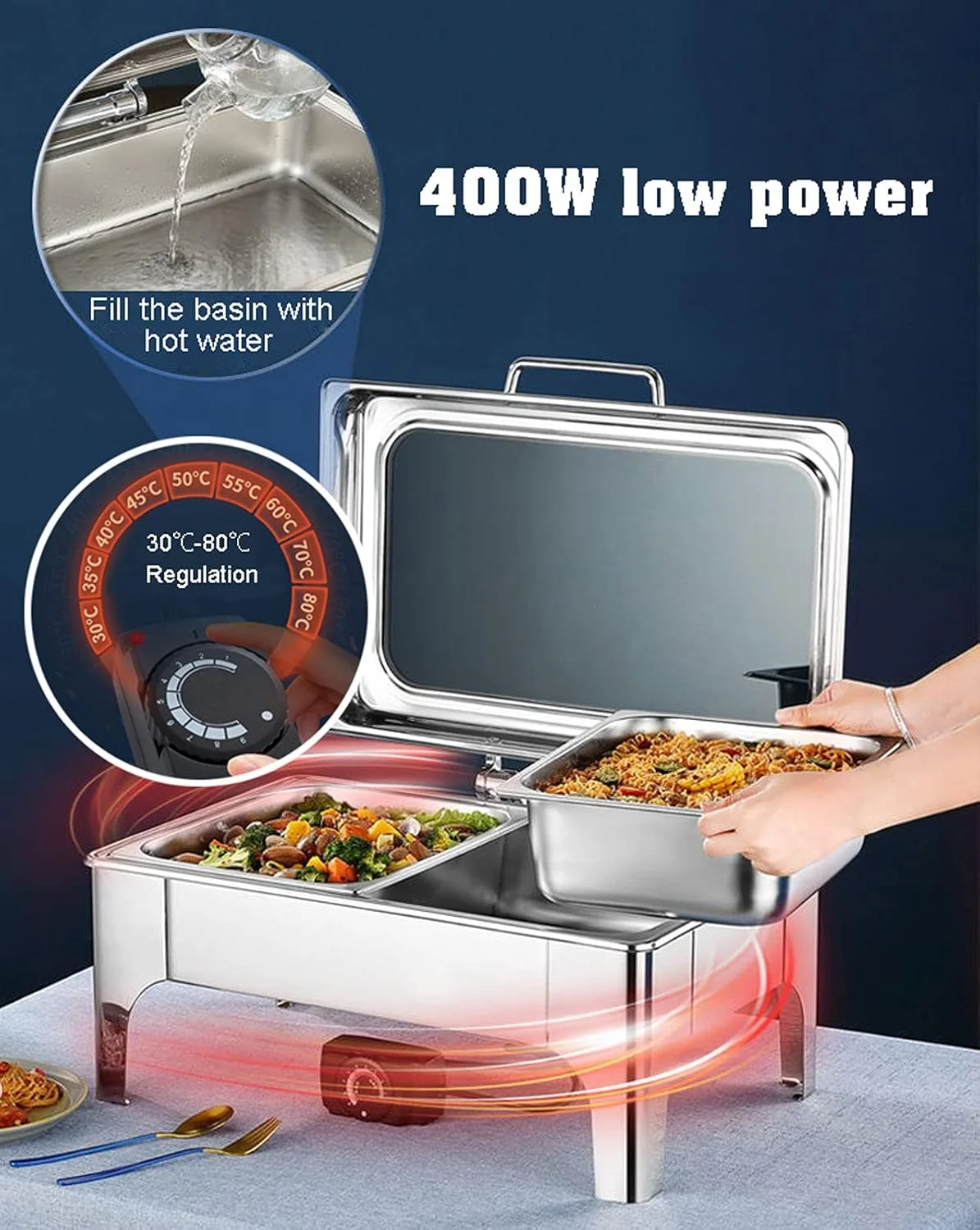 گرم نگهدارنده غذا، سینی گرم برقی استیل برای بوفه، گرمکن غذا برای گرم نگه داشتن غذا، گرمایش الکتریکی + گرمایش الکلی