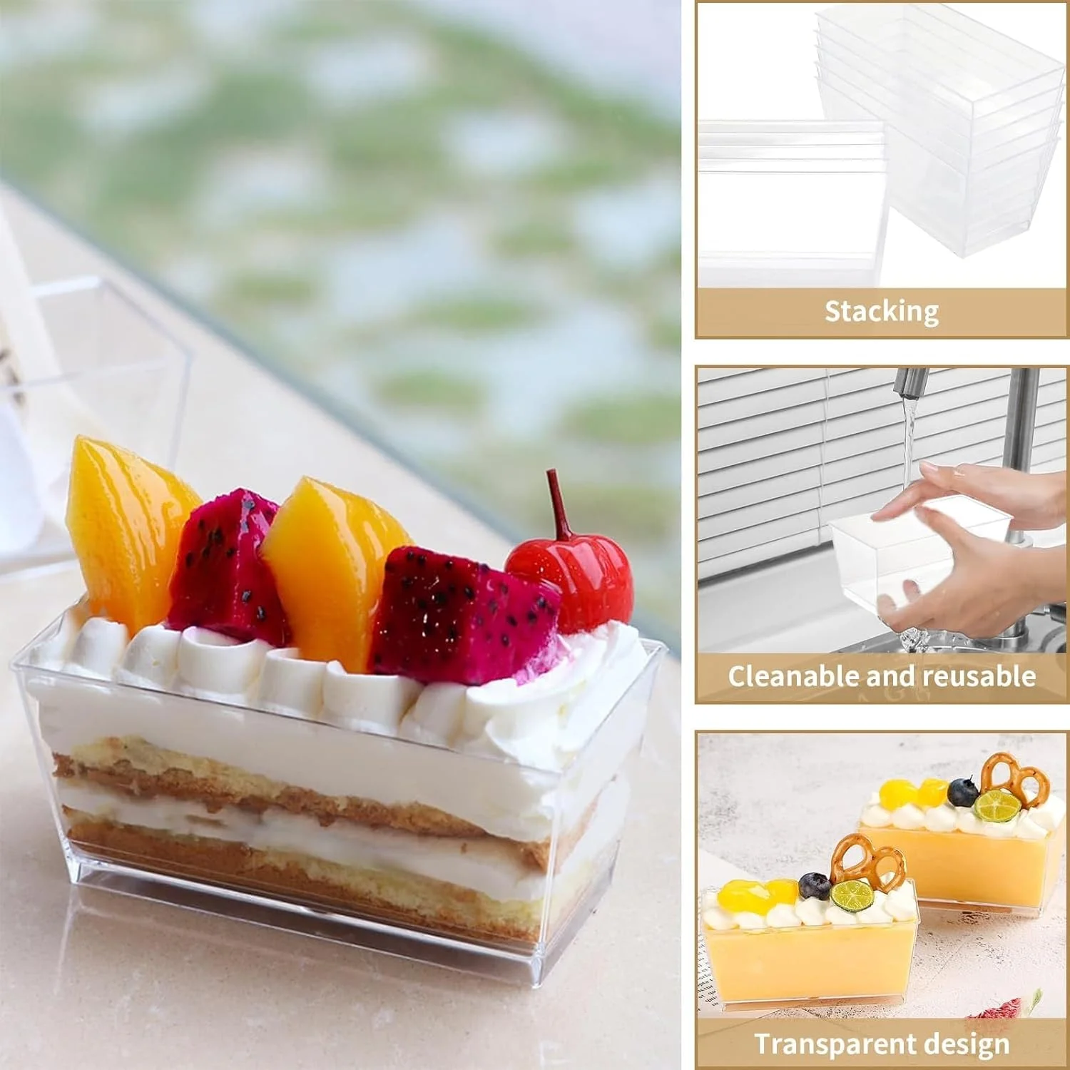 ظروف دسر، 25 عدد ظروف پلاستیکی مربعی شکل چیزکیک، کاسه های سرو مستطیلی شفاف قابل استفاده مجدد با درب و قاشق برای پودینگ، موس، ترایفل، پیش غذا، تنقلات، مهمانی، پذیرایی، 33 * 23.5 * 7.5 سانتی متر