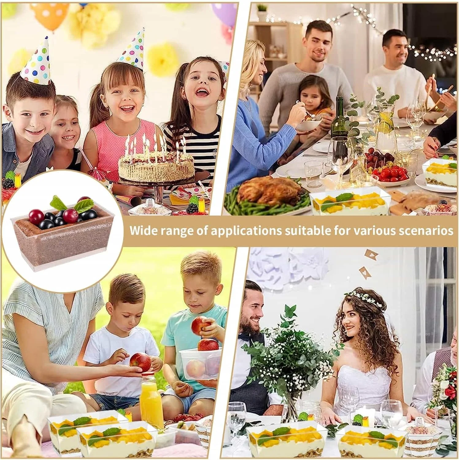 ظروف دسر، 25 عدد ظروف پلاستیکی مربعی شکل چیزکیک، کاسه های سرو مستطیلی شفاف قابل استفاده مجدد با درب و قاشق برای پودینگ، موس، ترایفل، پیش غذا، تنقلات، مهمانی، پذیرایی، 33 * 23.5 * 7.5 سانتی متر