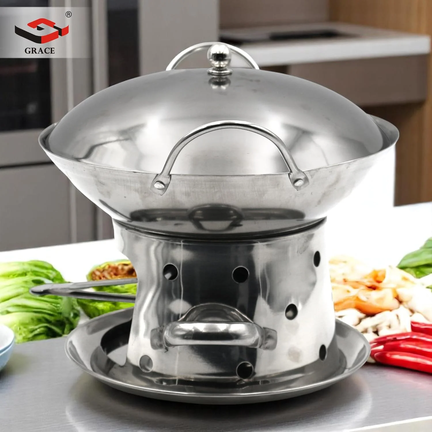 گریس قابلمه استیل چینی هات پات شیشه‌ای شیشه‌شور تک نفره، ظرف گرم نگهدارنده غذا (GR-HP-02)