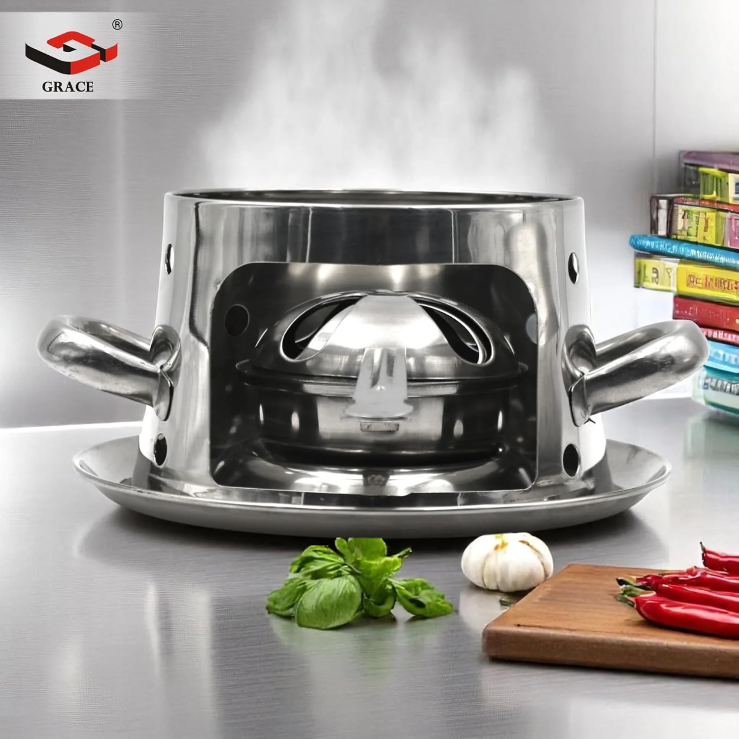 گریس قابلمه استیل چینی هات پات شیشه‌ای شیشه‌شور تک نفره، ظرف گرم نگهدارنده غذا (GR-HP-02)
