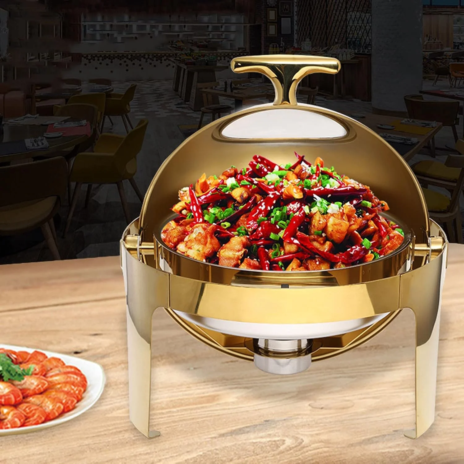 گرمکن غذا و ظروف گرم نگهدارنده برقی 6 لیتری طلایی با درب شیشه ای برای بوفه، گرمکن غذای گرد - ظرف استیل